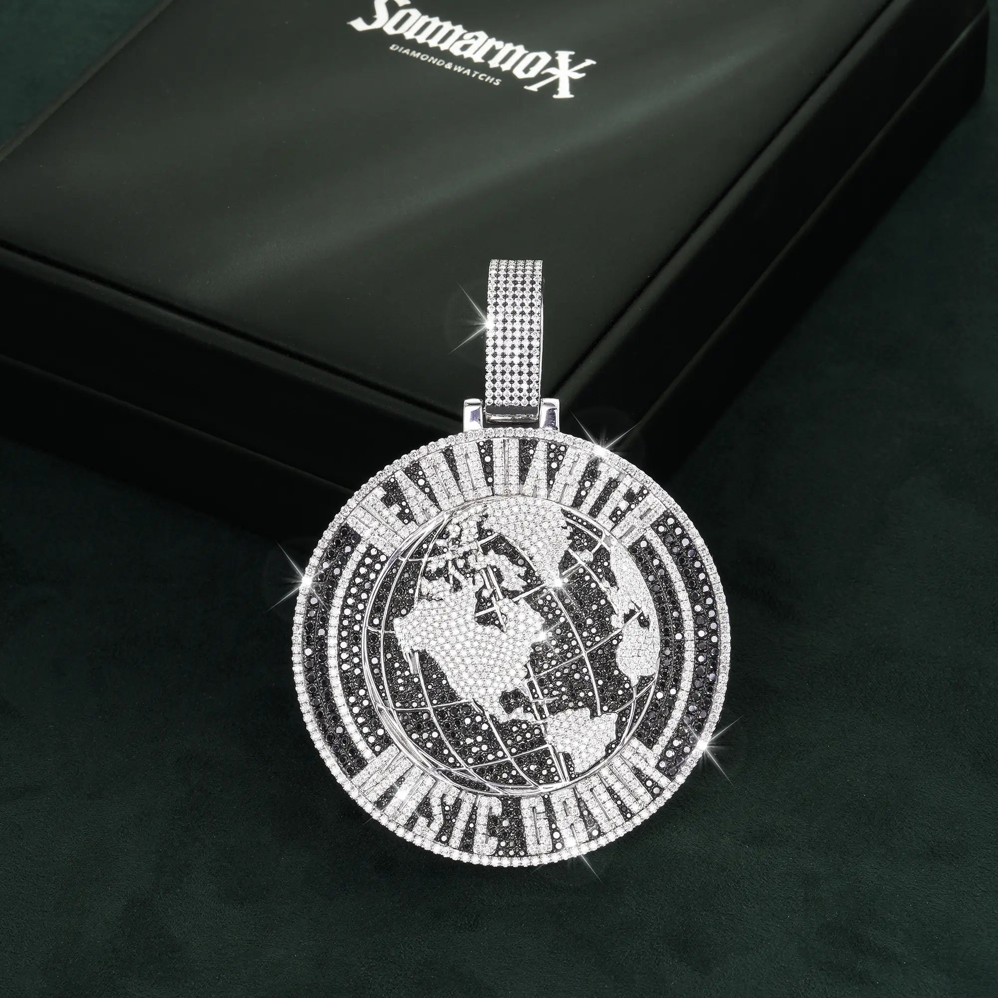 Custom-made Moissanite-encrusted globe pendant by Sommarnox