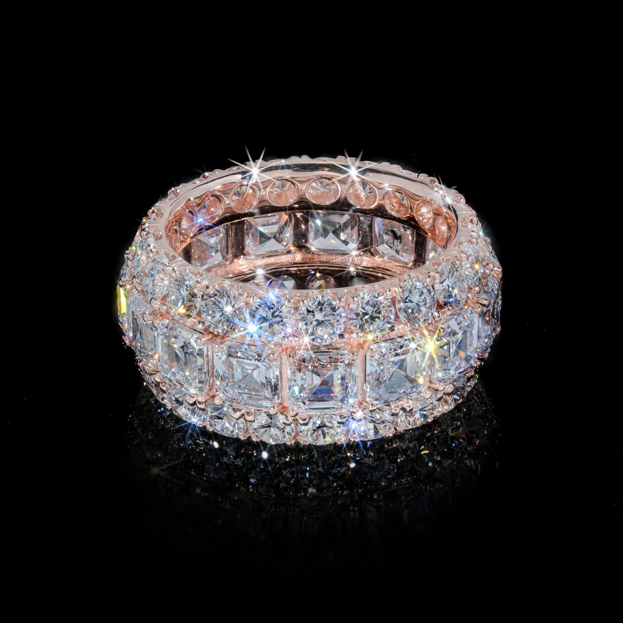 Custom 14K Rose Gold Iced Out Asscher Cut VVS Moissanite Ring