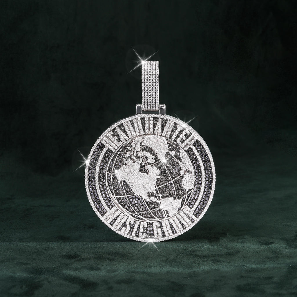 Custom-made diamond-encrusted globe pendant 14K gold