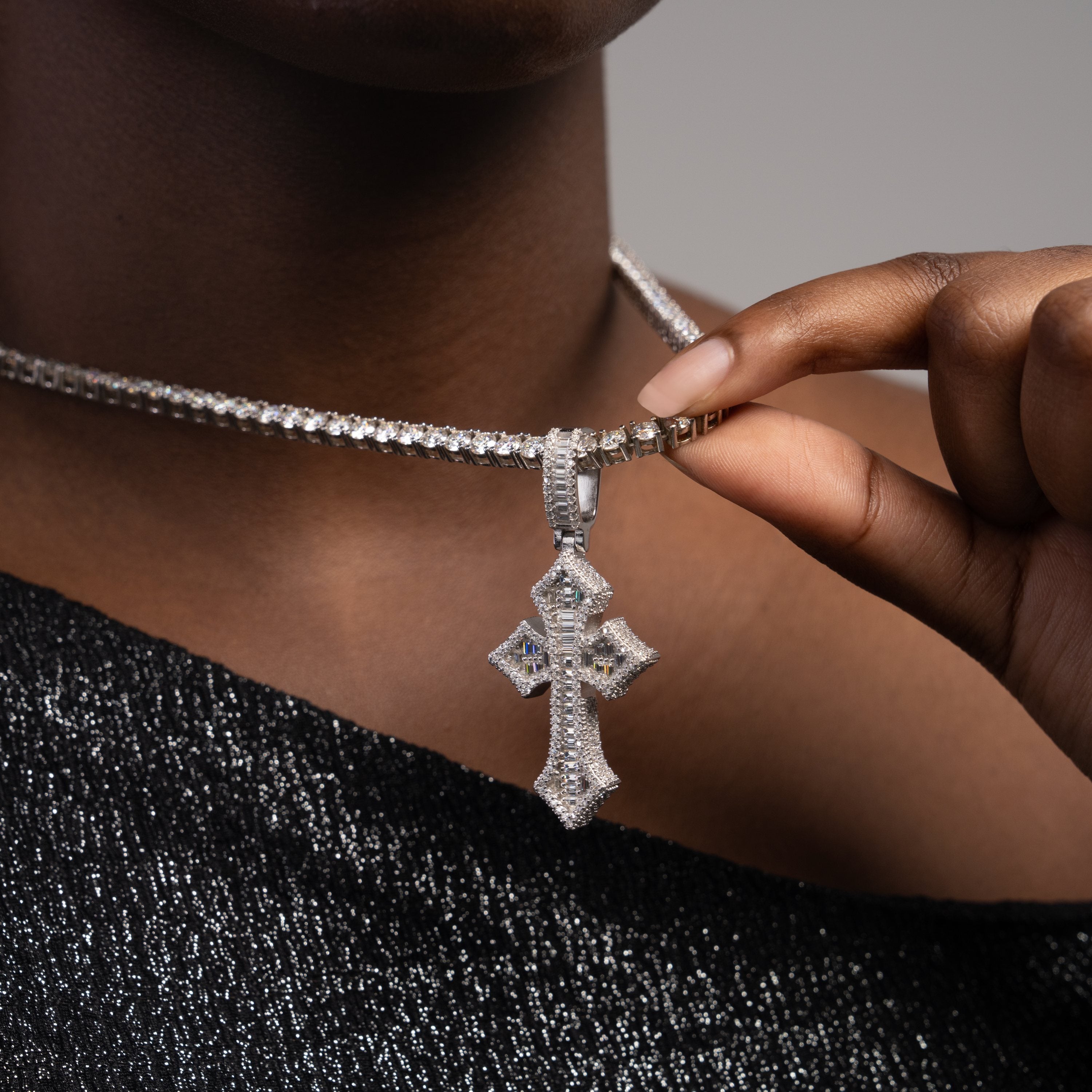 Baguette Cut Cross Pendant – Iced Out Moissanite Faith Necklace Charm by Sommarnox