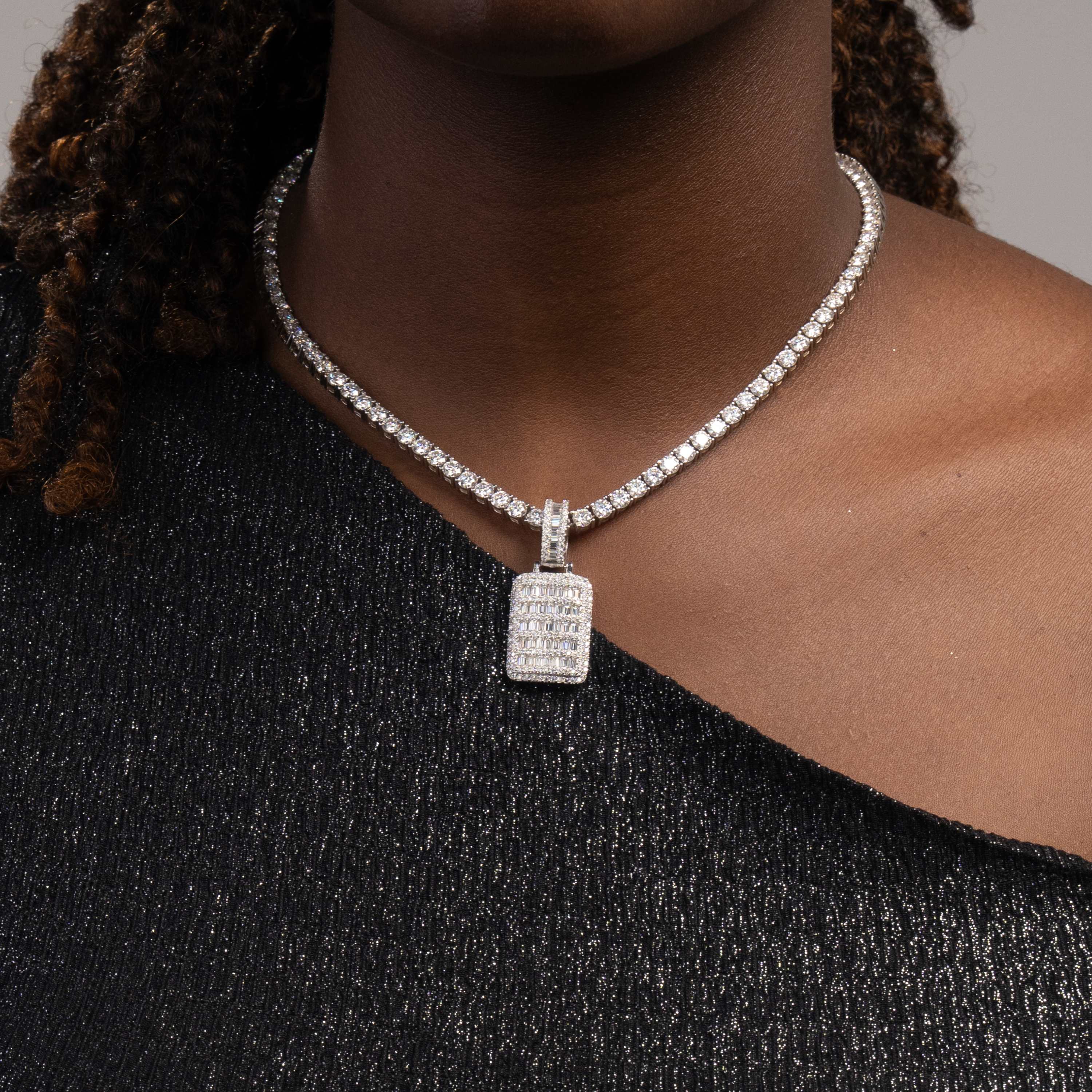 Iced Out Baguette Dog Tag Pendant – Moissanite Hip Hop Necklace Charm by Sommarnox