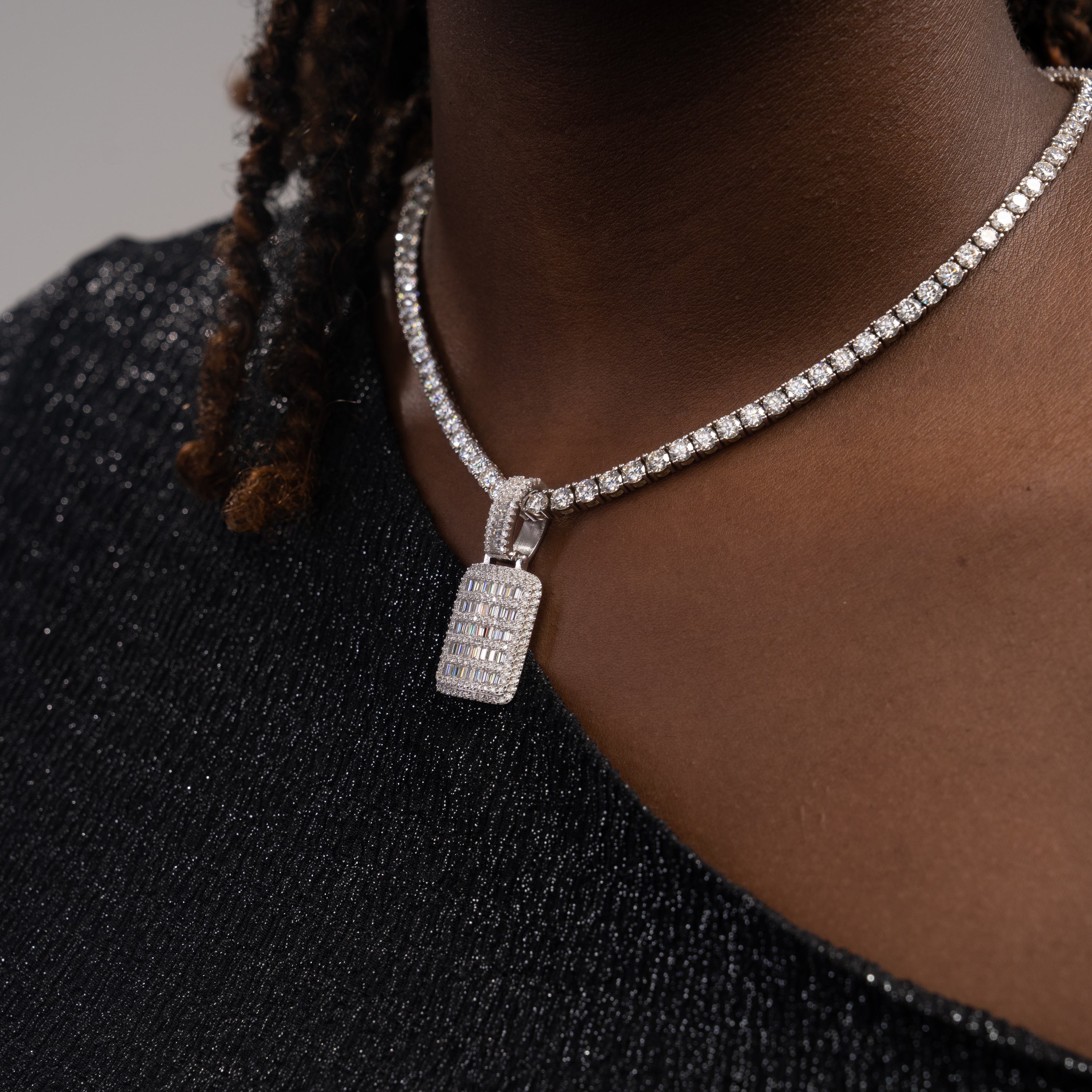Iced Out Baguette Dog Tag Pendant – Moissanite Hip Hop Necklace Charm – alternate product view 2