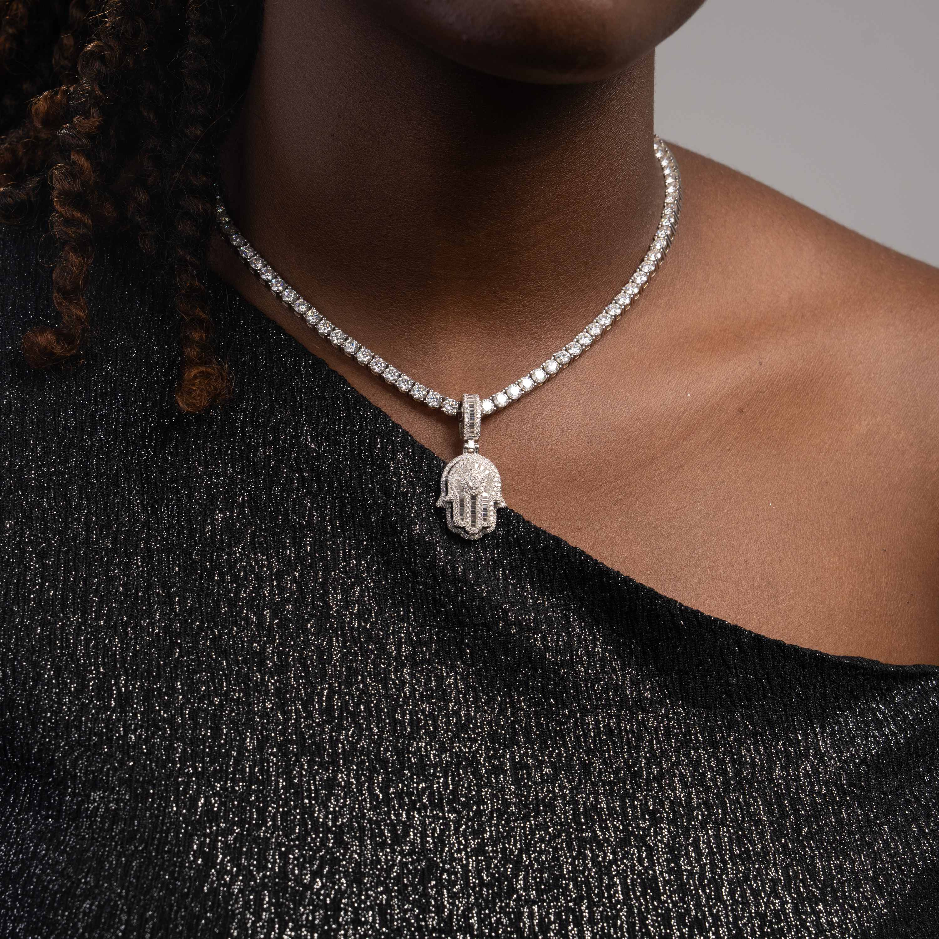 Iced Out Hamsa Hand Pendant – Baguette & Round Cut Moissanite Charm – alternate product view 2