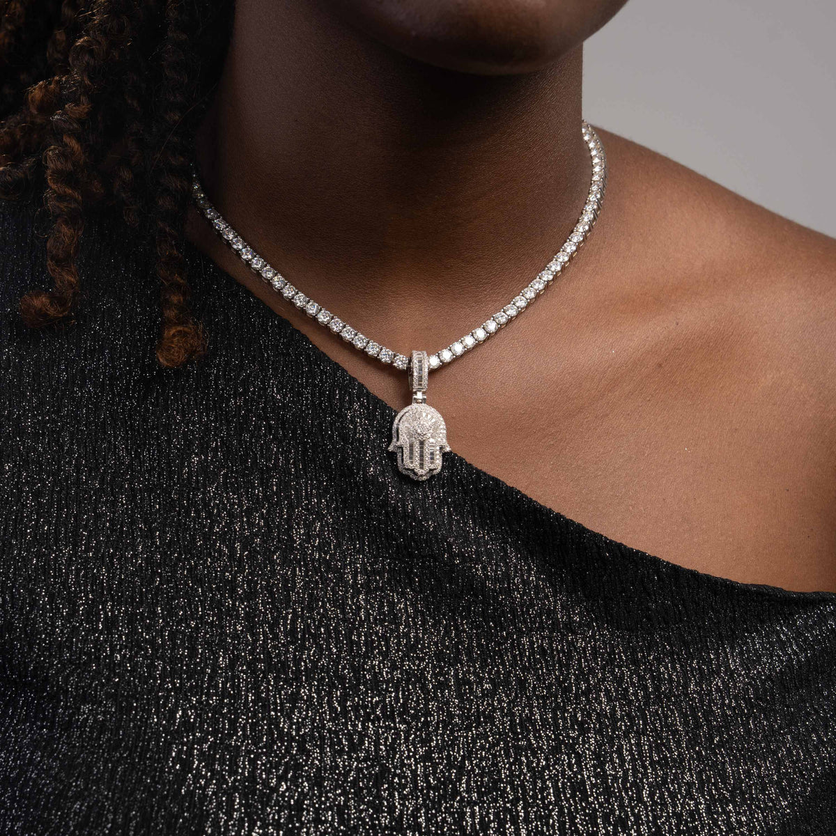 Iced Out Hamsa Hand Pendant – Baguette & Round Cut Moissanite Charm – alternate product view 2