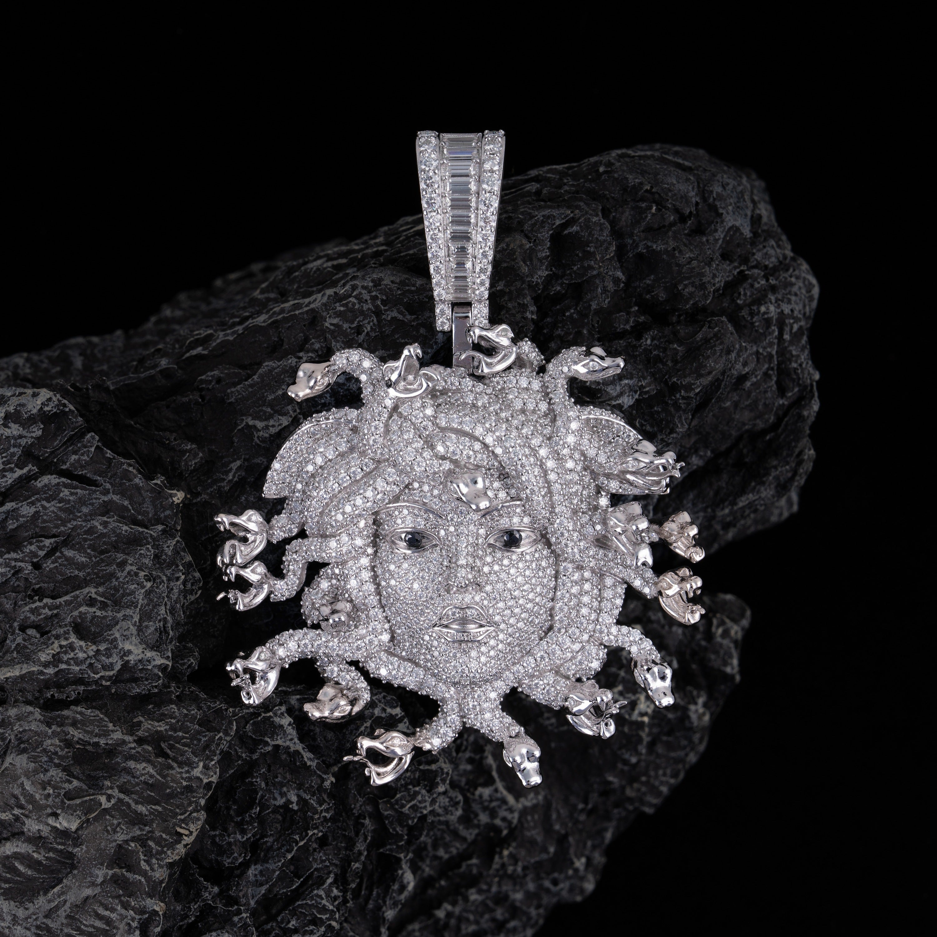 Iced Medusa Head Pendant Fully Flooded Moissanite Snake Detail Statement Piece by Sommarnox