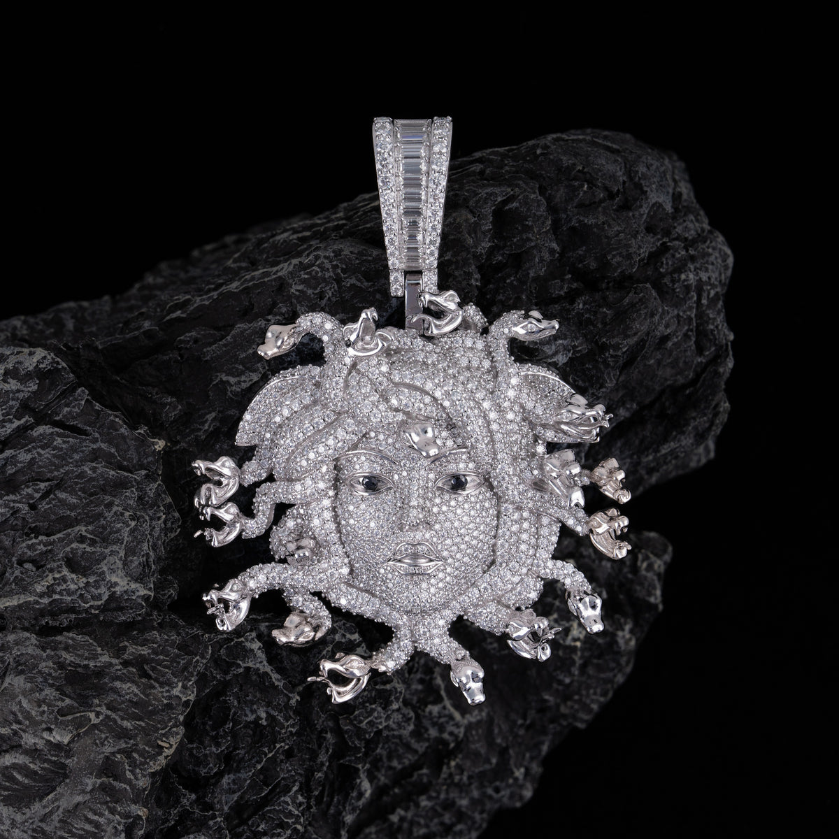 Iced Medusa Head Pendant Fully Flooded Moissanite Snake Detail Statement Piece by Sommarnox