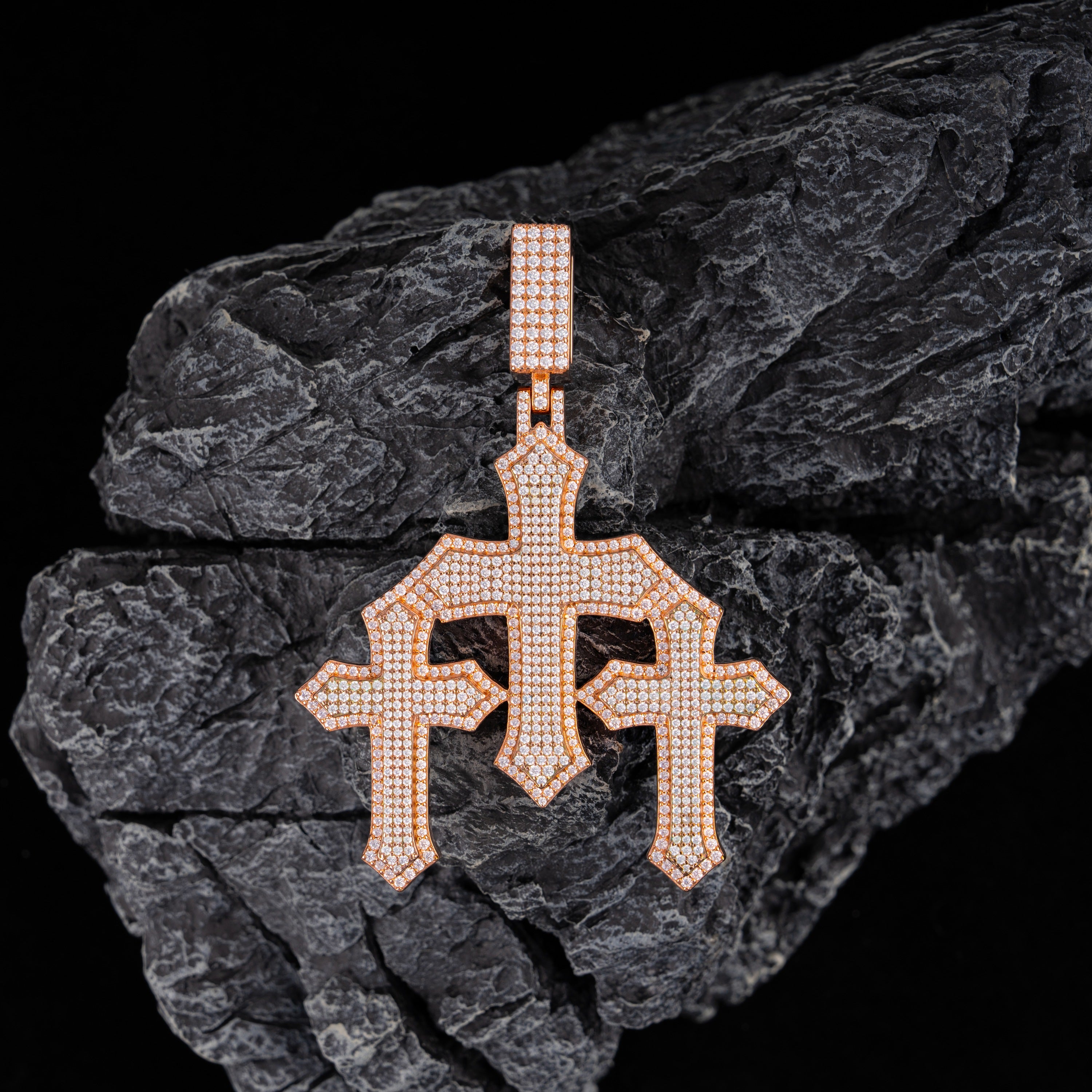 Iced Geometric Cross Pendant Rose-Tone Finish Full Pave Moissanite Statement Piece by Sommarnox