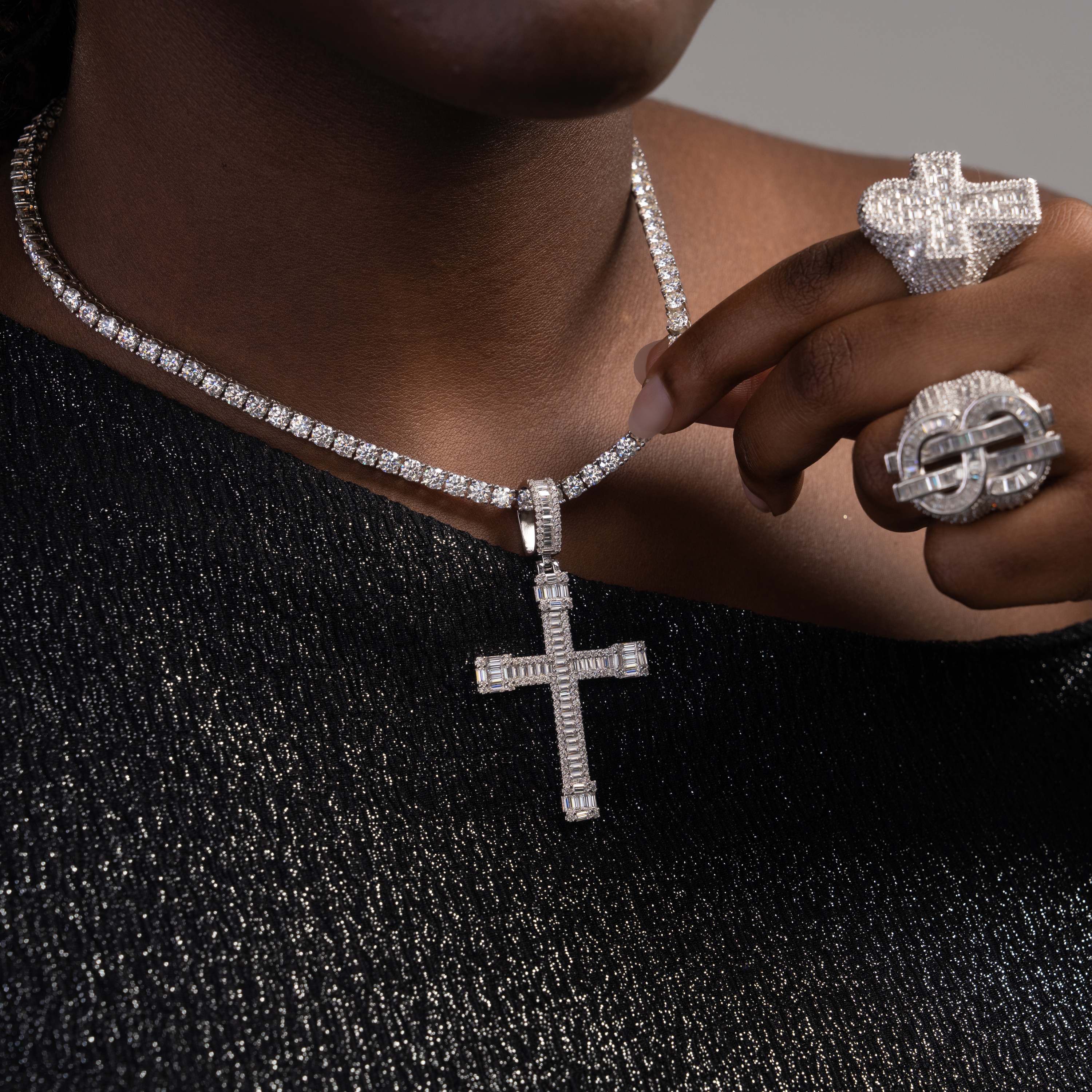 Iced Out Baguette Cross Pendant – Moissanite Hip Hop Necklace Charm – alternate product view 2