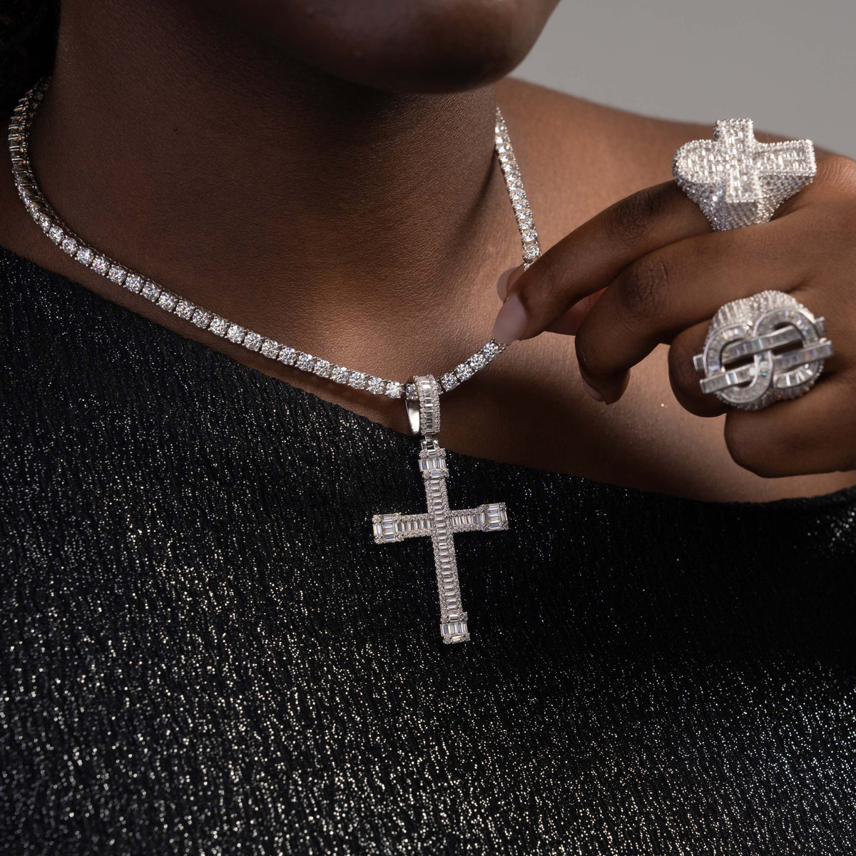 Iced Out Baguette Cross Pendant – Moissanite Hip Hop Necklace Charm – alternate product view 2