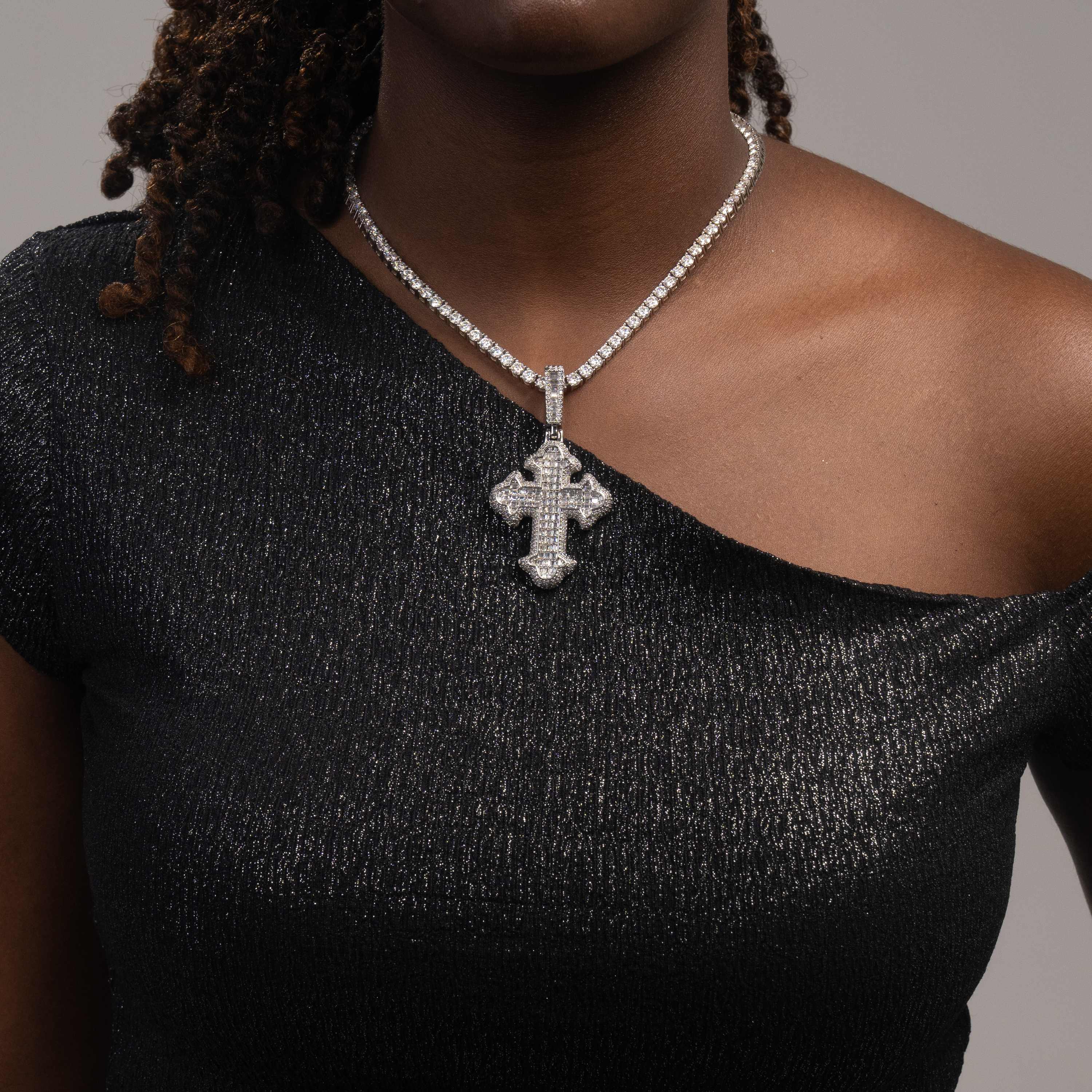 Iced Cross Pendant Baguette & Round Moissanite Fully Flooded Statement Piece – alternate product view 2