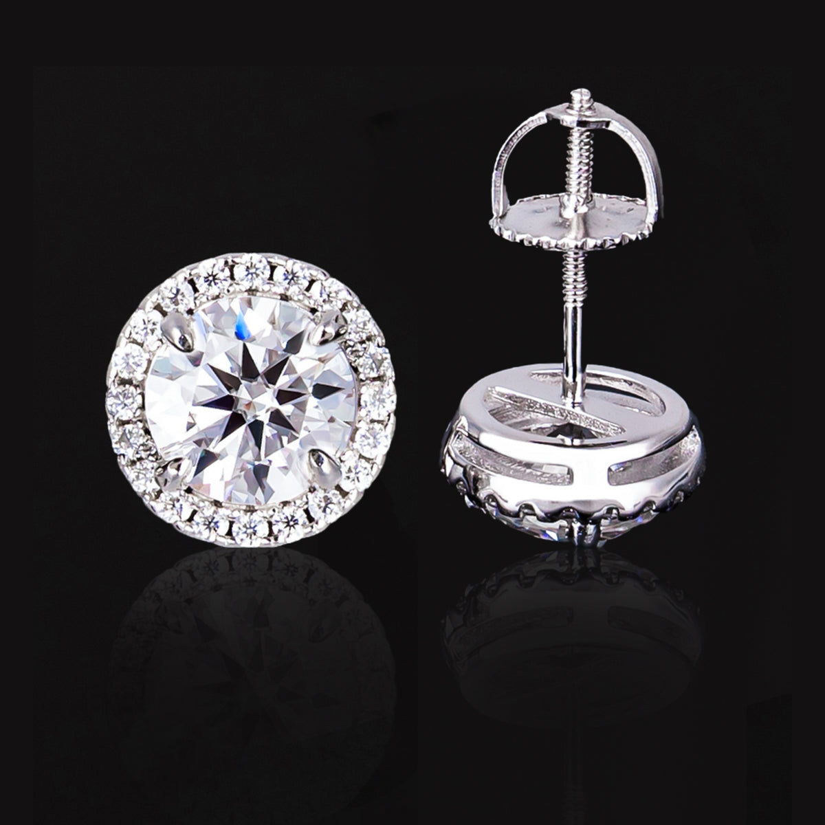 9MM Round Center Moissanite Stud Earrings VVS Prong Set Halo Screw Back – alternate product view 5