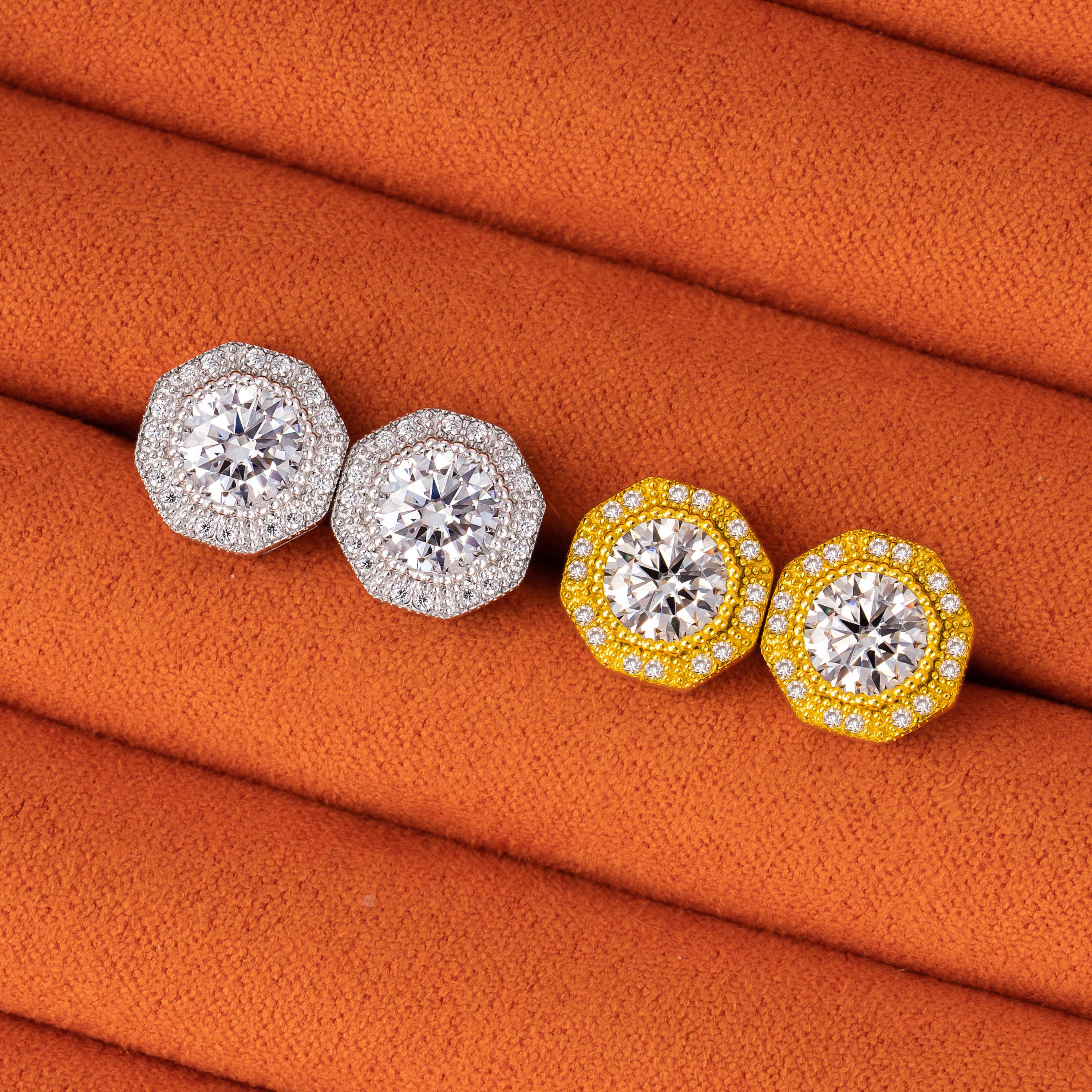 10.5MM Round Cut Center Moissanite Stud Earrings Fully Iced Out VVS Octagon Halo – alternate product view 5