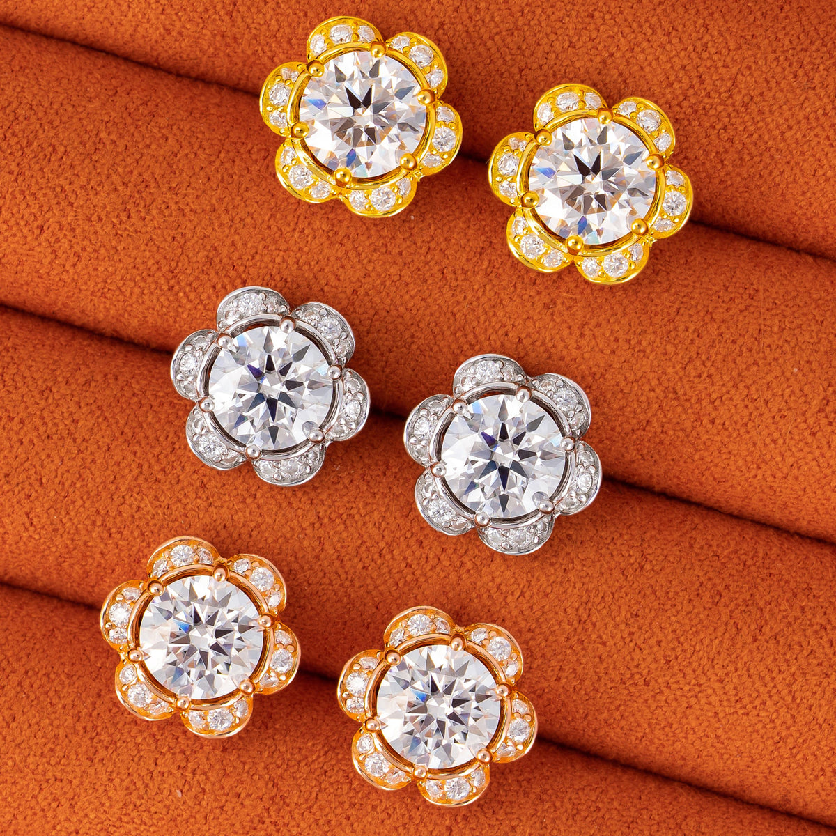 10×10.8MM Flower Moissanite Stud Earrings VVS Round Center Petal Pavé Screw Back – alternate product view 3