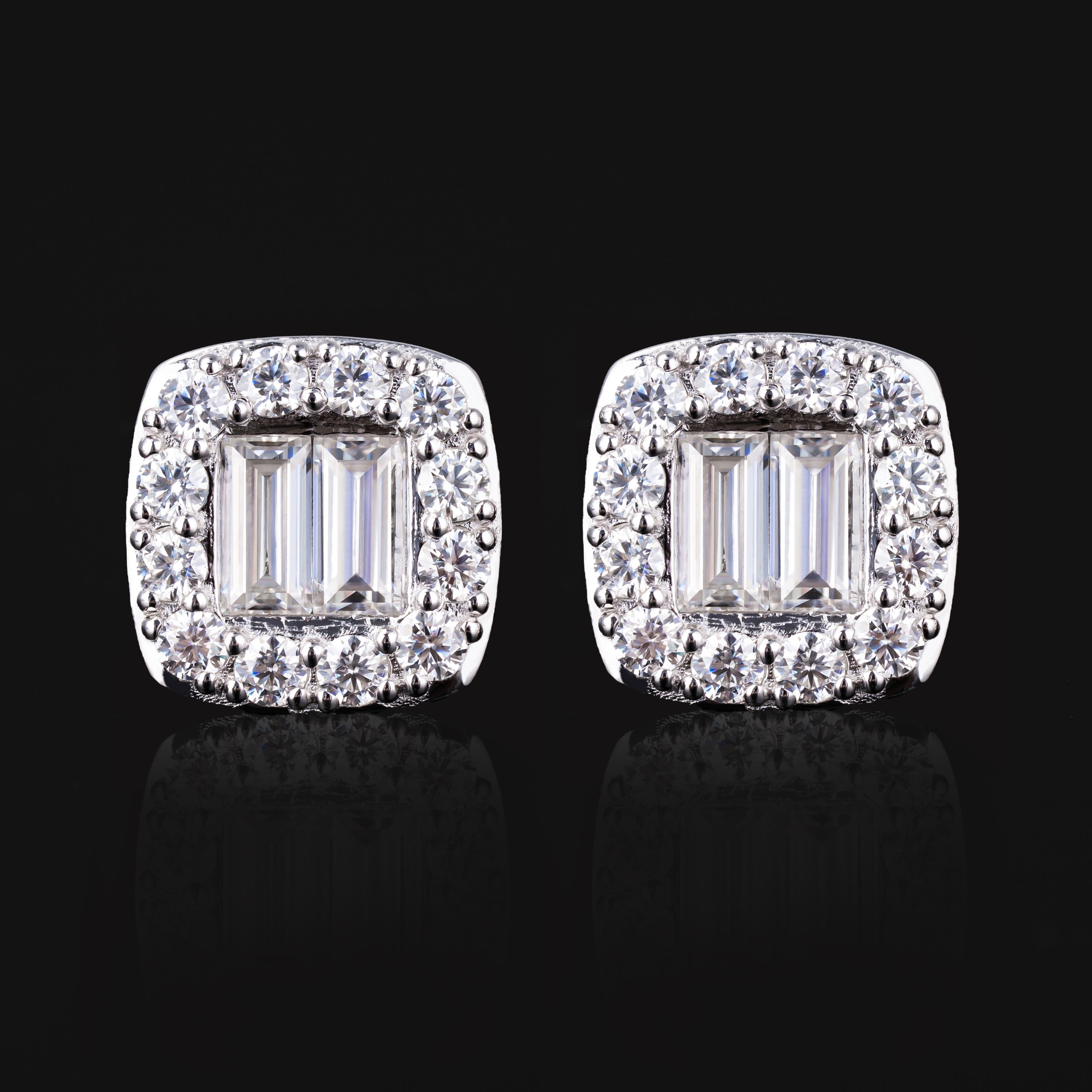 10×10MM Baguette Moissanite Halo Stud Earrings VVS Cushion Cut Double Row Screw Back – alternate product view 4