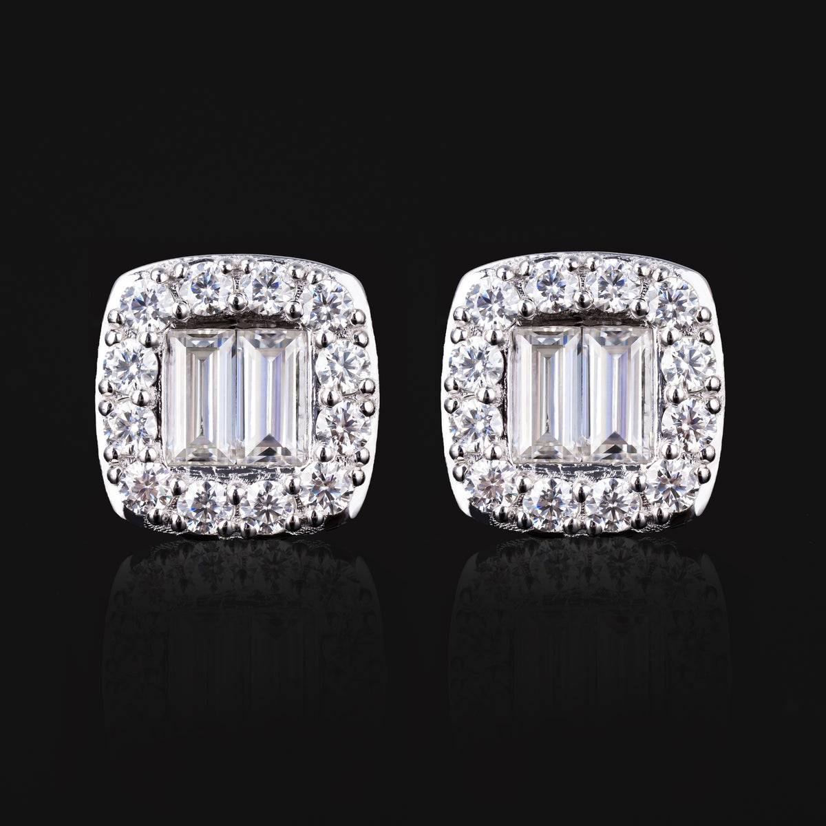 10×10MM Baguette Moissanite Halo Stud Earrings VVS Cushion Cut Double Row Screw Back – alternate product view 4