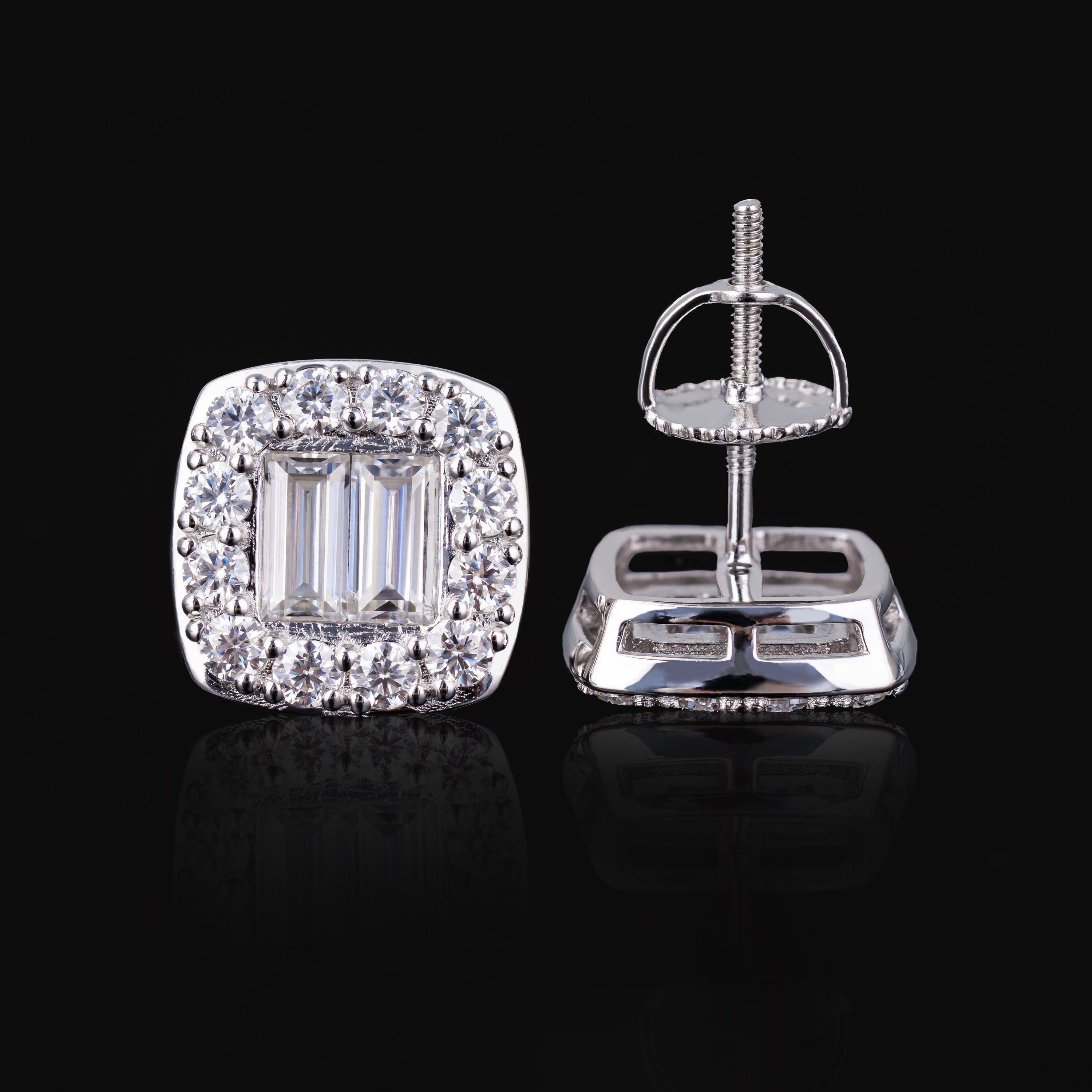 10×10MM Baguette Moissanite Halo Stud Earrings VVS Cushion Cut Double Row Screw Back – alternate product view 5