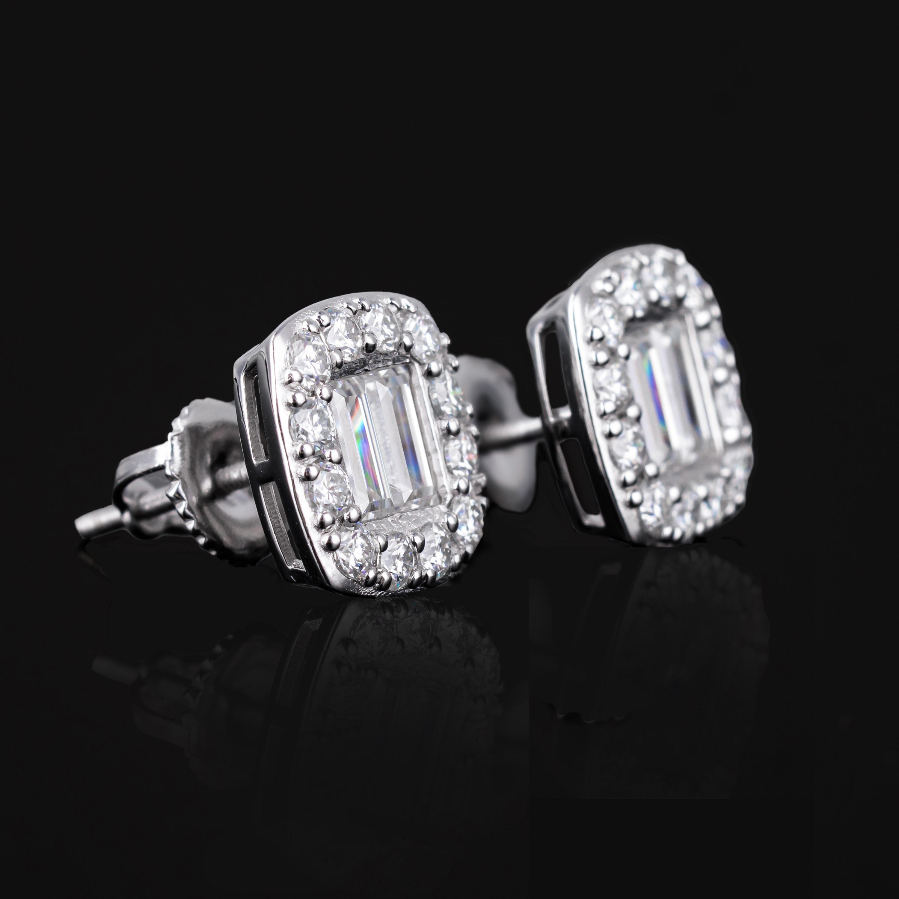 10×10MM Baguette Moissanite Halo Stud Earrings VVS Cushion Cut Double Row Screw Back – alternate product view 6