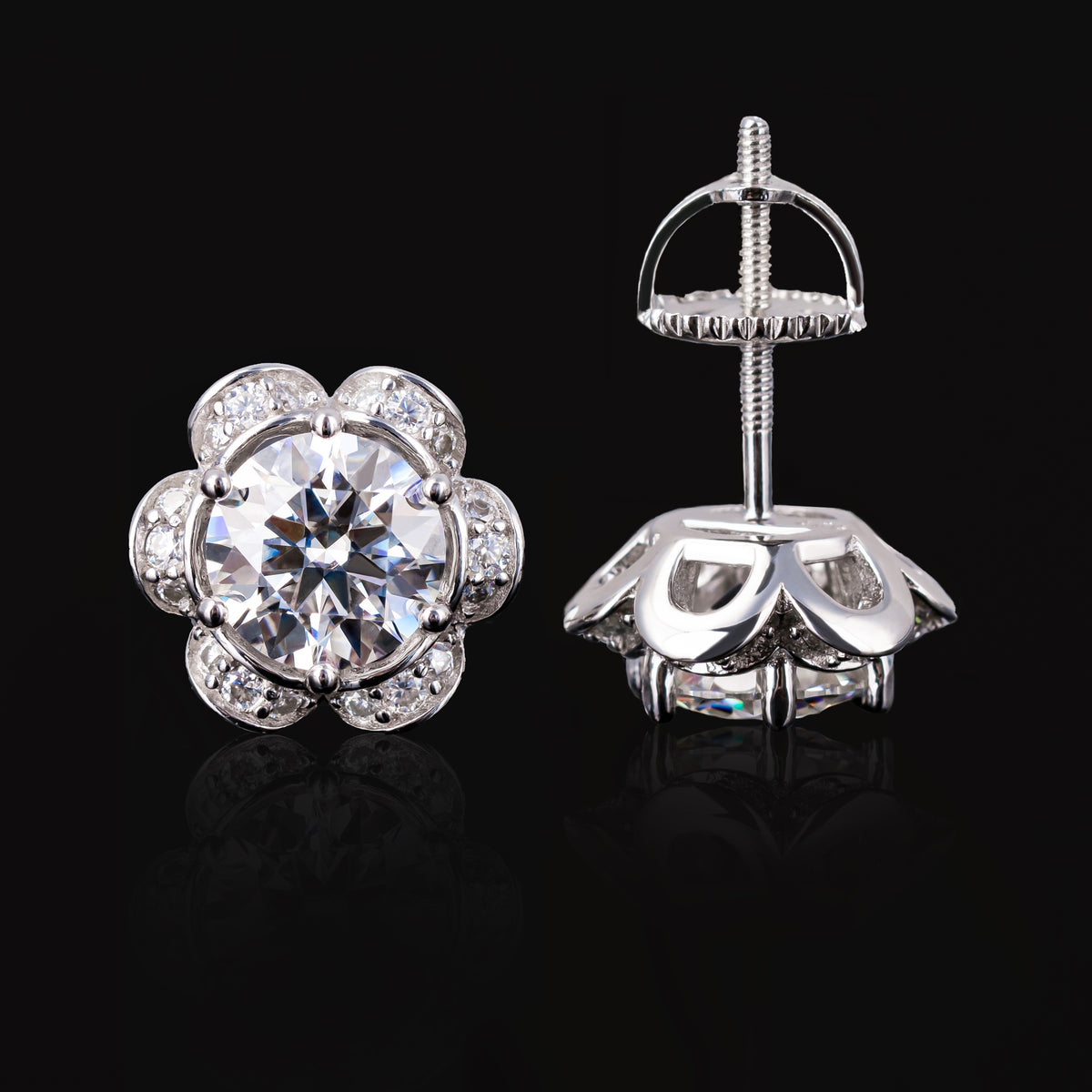 10×10.8MM Flower Moissanite Stud Earrings VVS Round Center Petal Pavé Screw Back – alternate product view 5