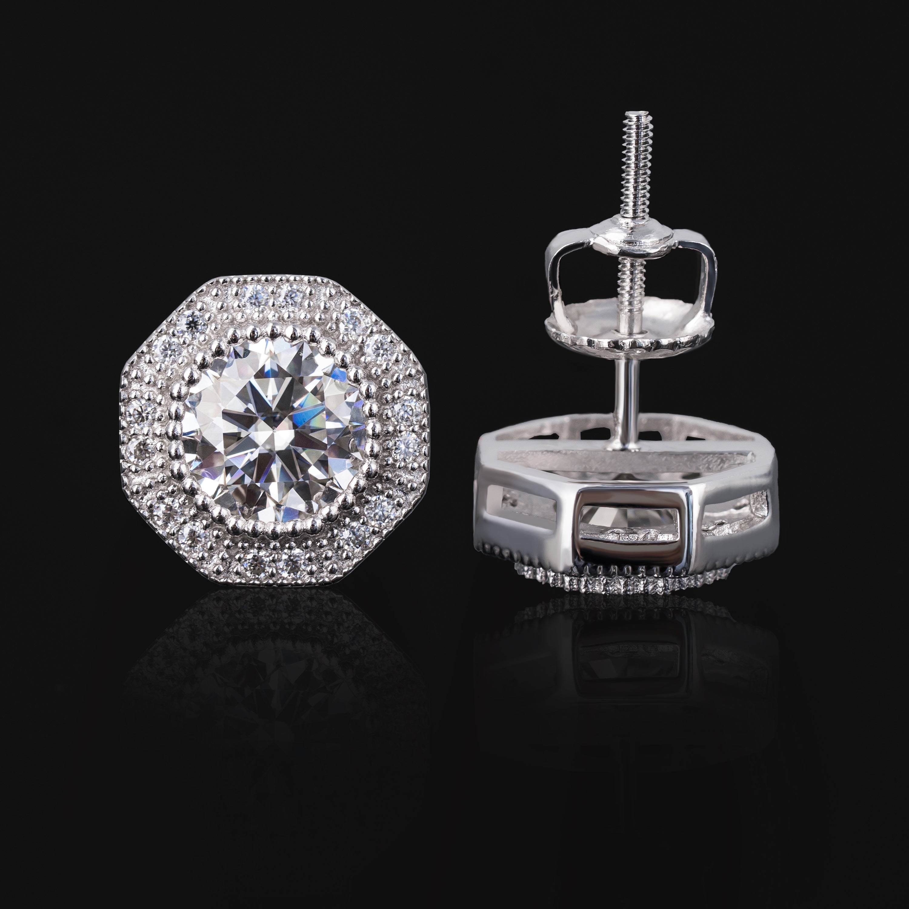 10.5MM Round Cut Center Moissanite Stud Earrings Fully Iced Out VVS Octagon Halo – alternate product view 2