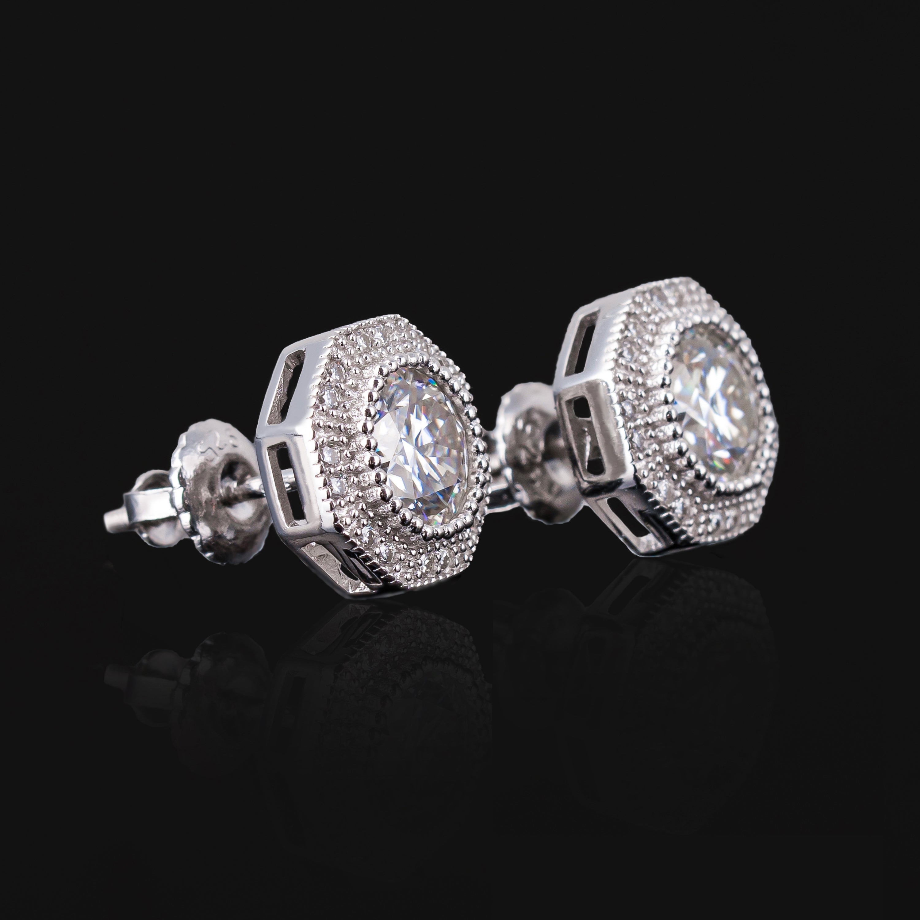 10.5MM Round Cut Center Moissanite Stud Earrings Fully Iced Out VVS Octagon Halo – alternate product view 3