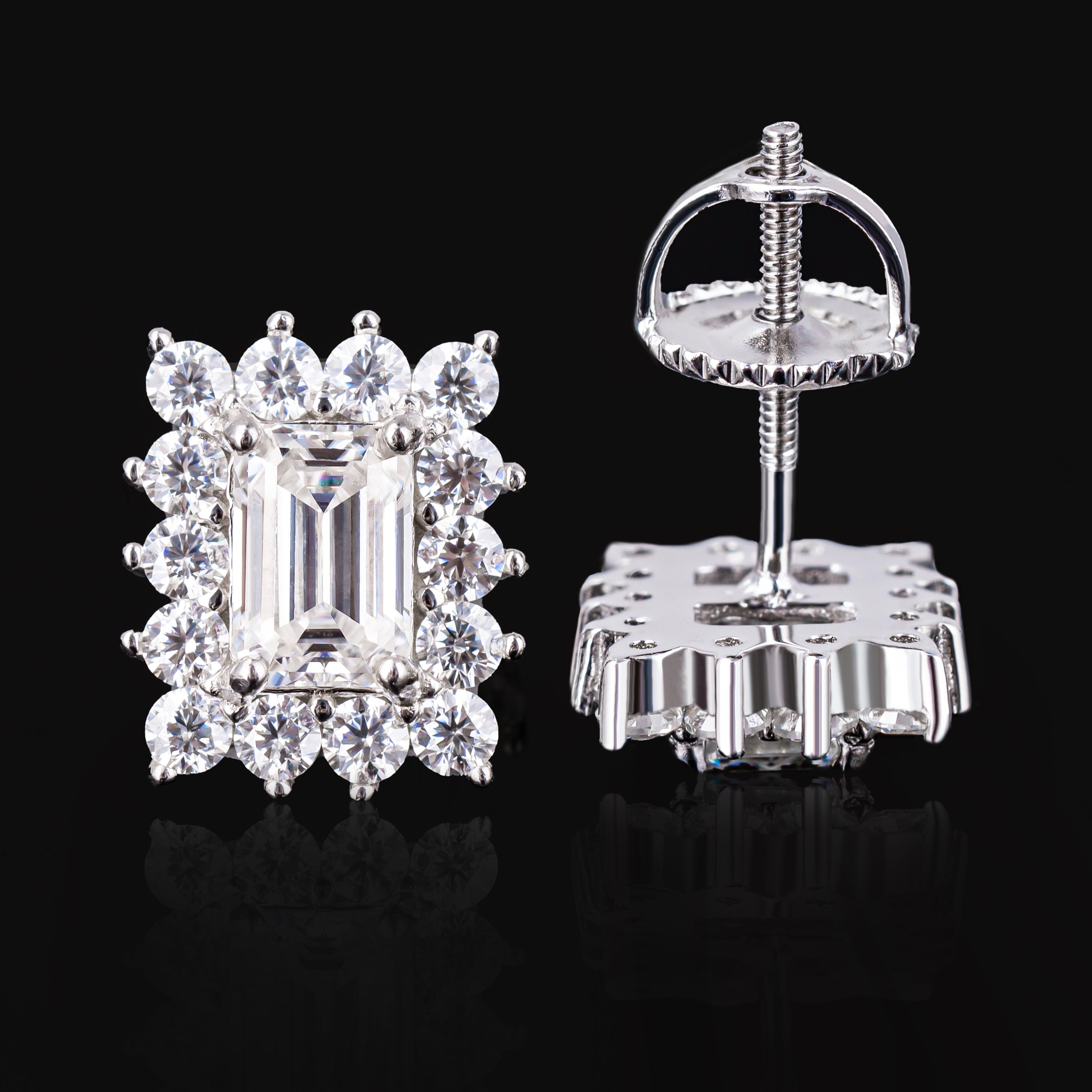 10.7×8.7MM Emerald Cut Moissanite Stud Earrings VVS Baguette & Round Halo Screw Back – alternate product view 5