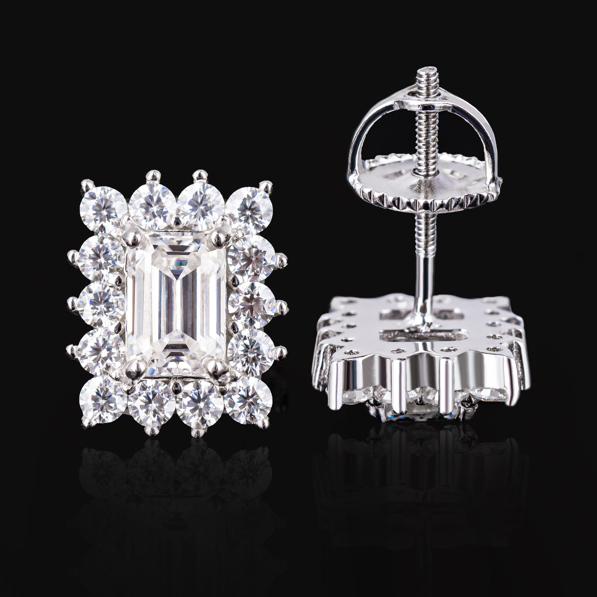 10.7×8.7MM Emerald Cut Moissanite Stud Earrings VVS Baguette & Round Halo Screw Back – alternate product view 5