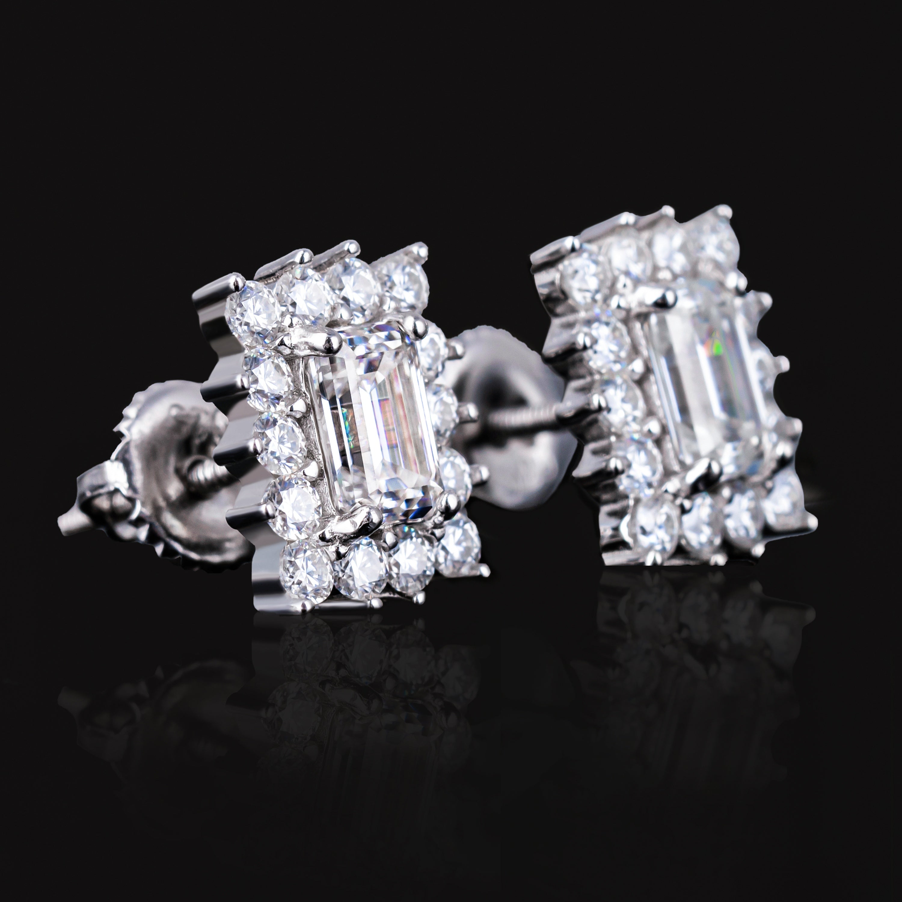 10.7×8.7MM Emerald Cut Moissanite Stud Earrings VVS Baguette & Round Halo Screw Back – alternate product view 6