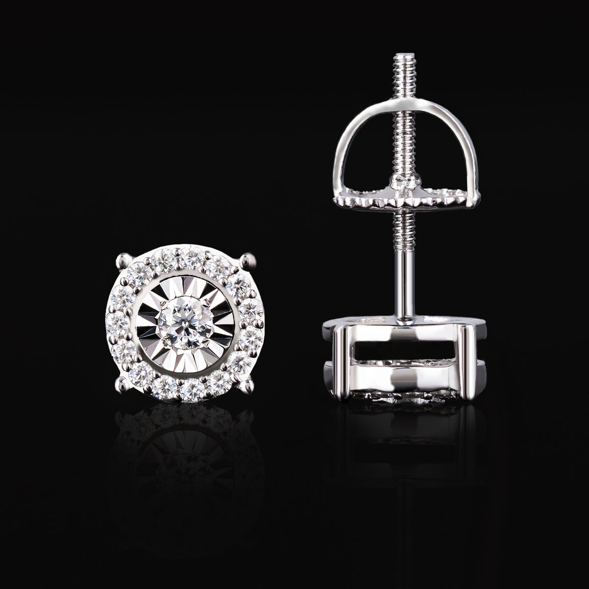 6.7MM Sunburst Halo Moissanite Stud Earrings VVS Round Center Screw Back – alternate product view 5