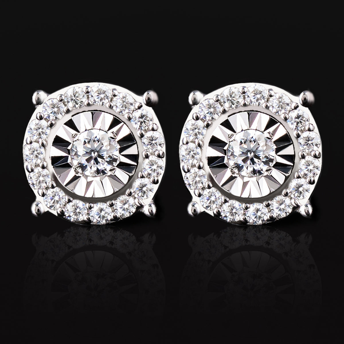 6.7MM Sunburst Halo Moissanite Stud Earrings VVS Round Center Screw Back – alternate product view 4