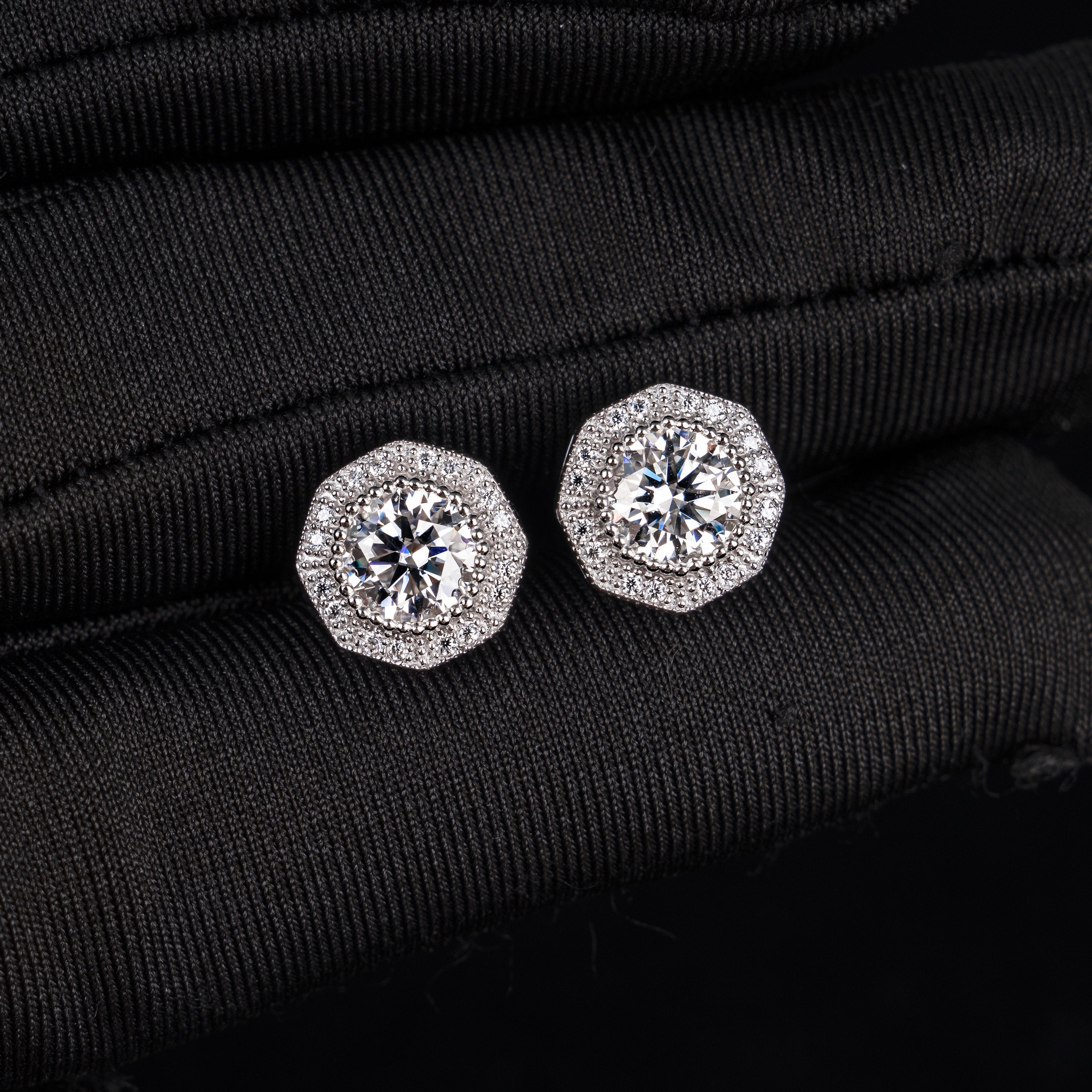 10.5MM Round Cut Center Moissanite Stud Earrings Fully Iced Out VVS Octagon Halo – alternate product view 4