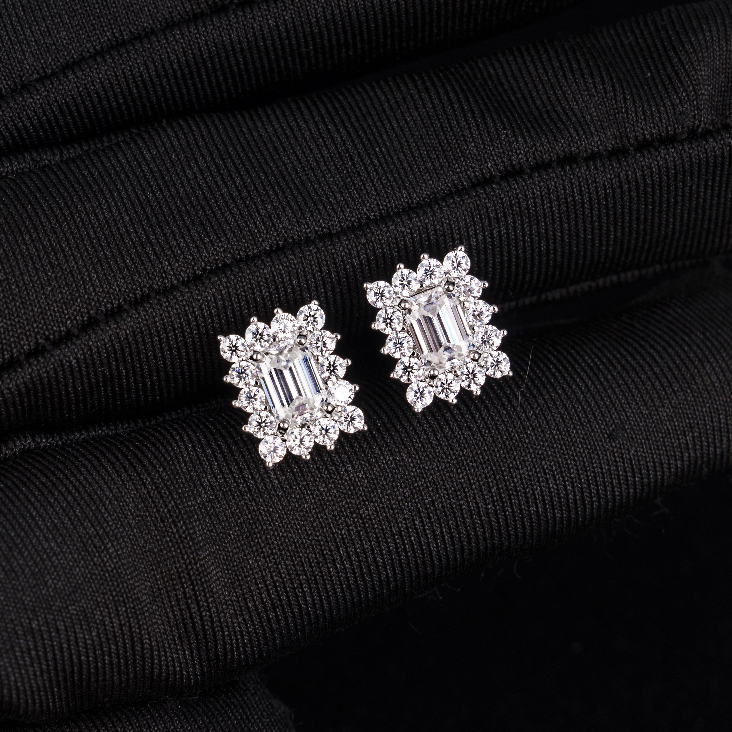 10.7×8.7MM Emerald Cut Moissanite Stud Earrings VVS Baguette & Round Halo Screw Back – alternate product view 7