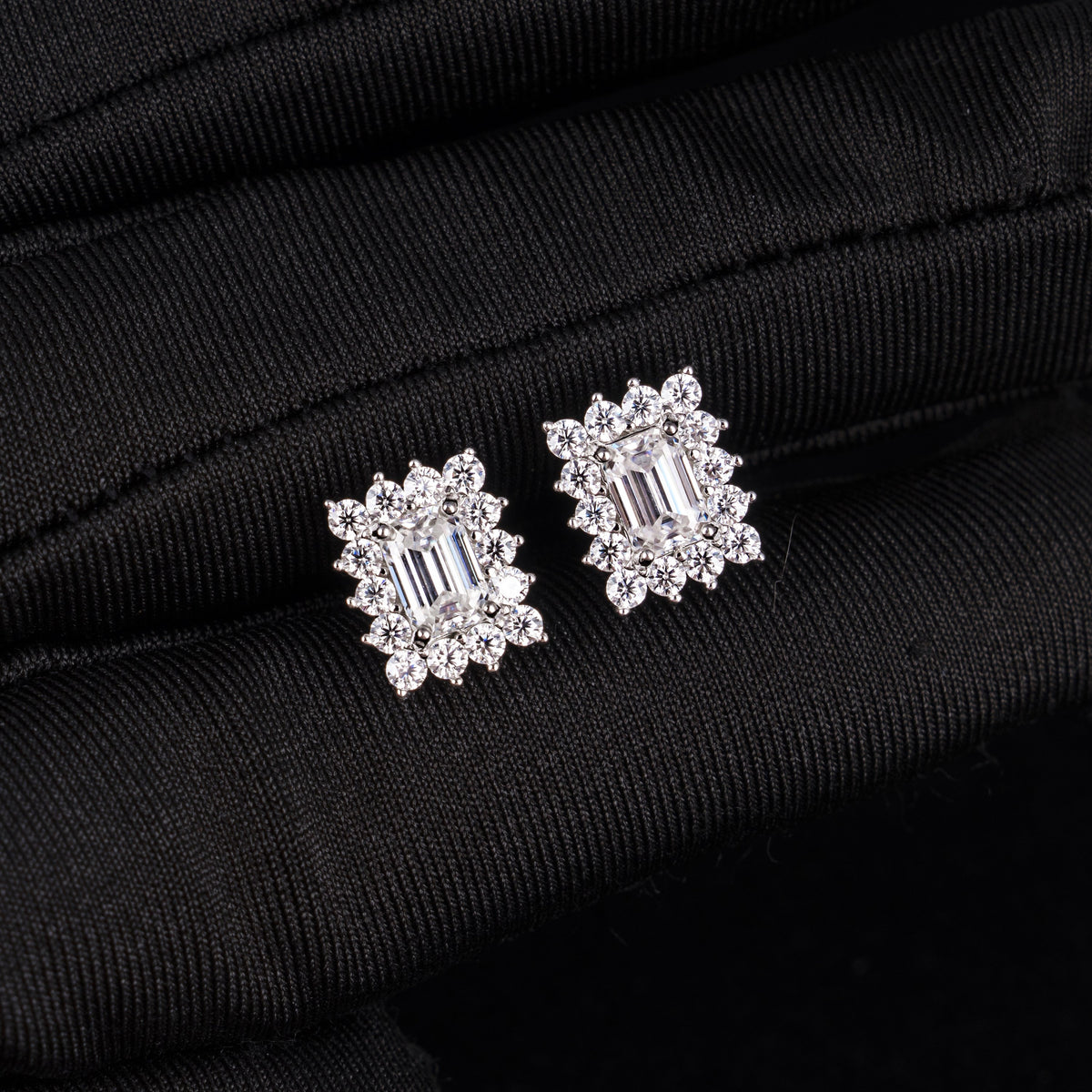 10.7×8.7MM Emerald Cut Moissanite Stud Earrings VVS Baguette & Round Halo Screw Back – alternate product view 7
