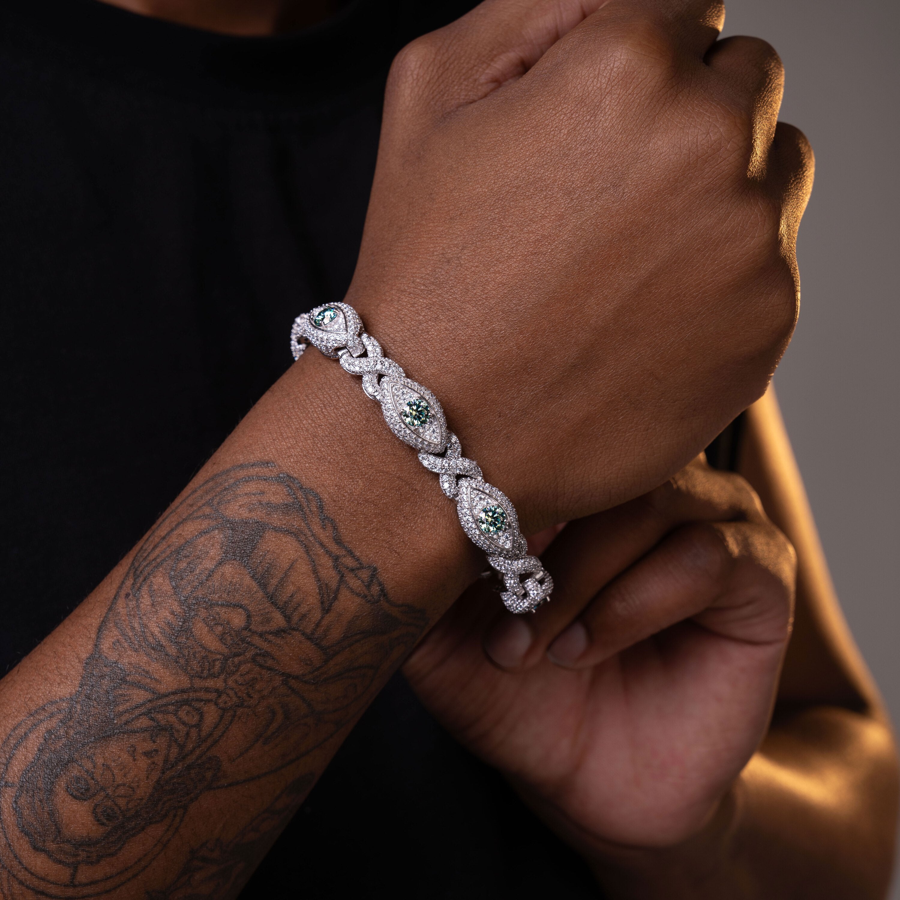 12MM Iced Out Evil Eye Green Moissanite Hip Hop Cuban Bracelet – alternate product view 3