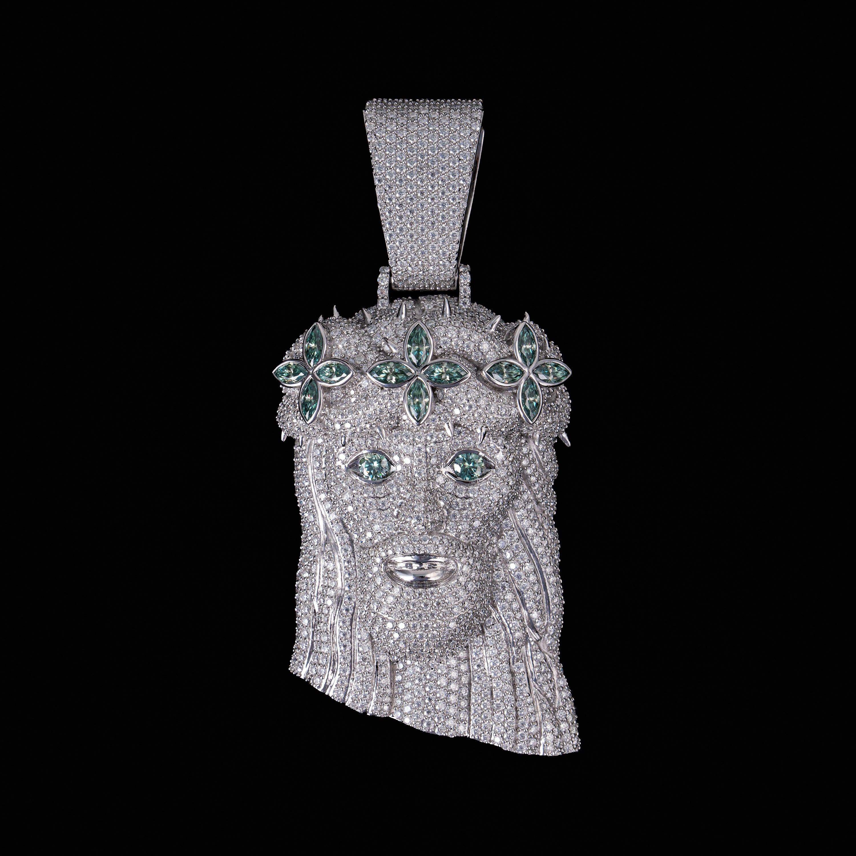 Moissanite Green Flowers Jesus Pendant – product view