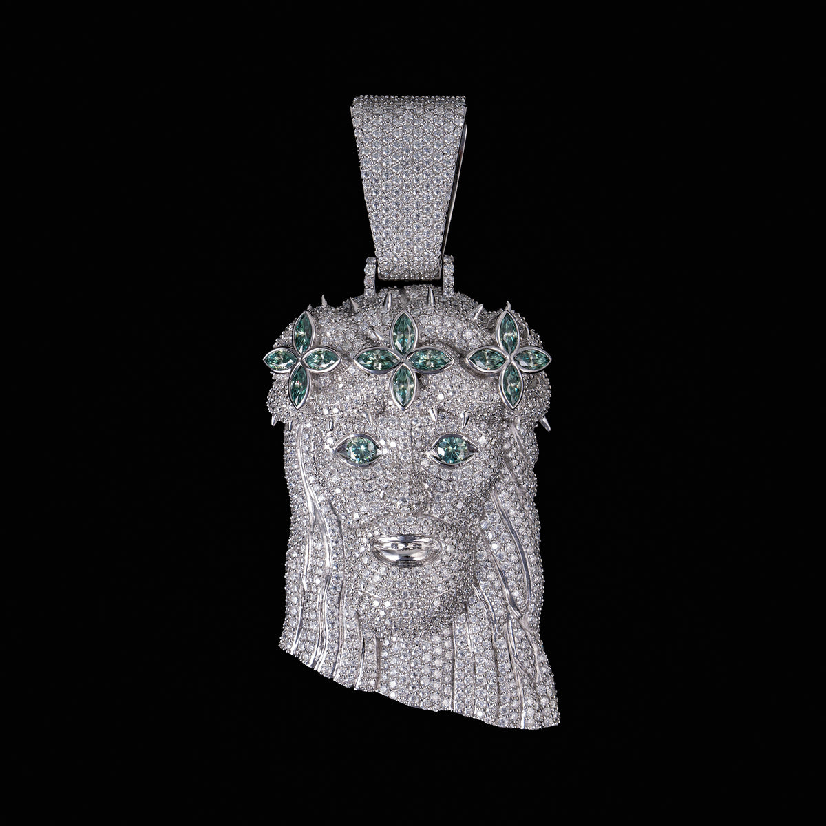 Moissanite Green Flowers Jesus Pendant – product view