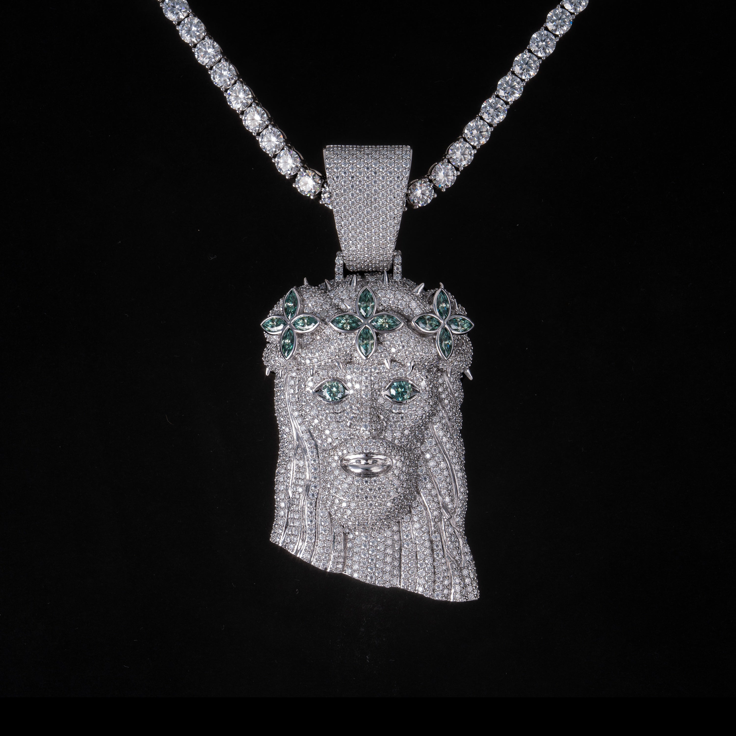 Moissanite Green Flowers Jesus Pendant – product view