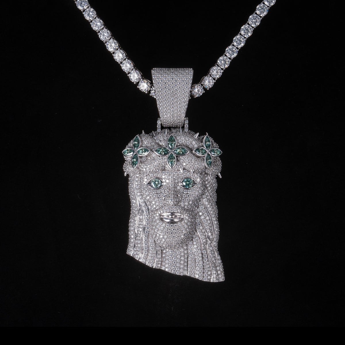 Moissanite Green Flowers Jesus Pendant – product view