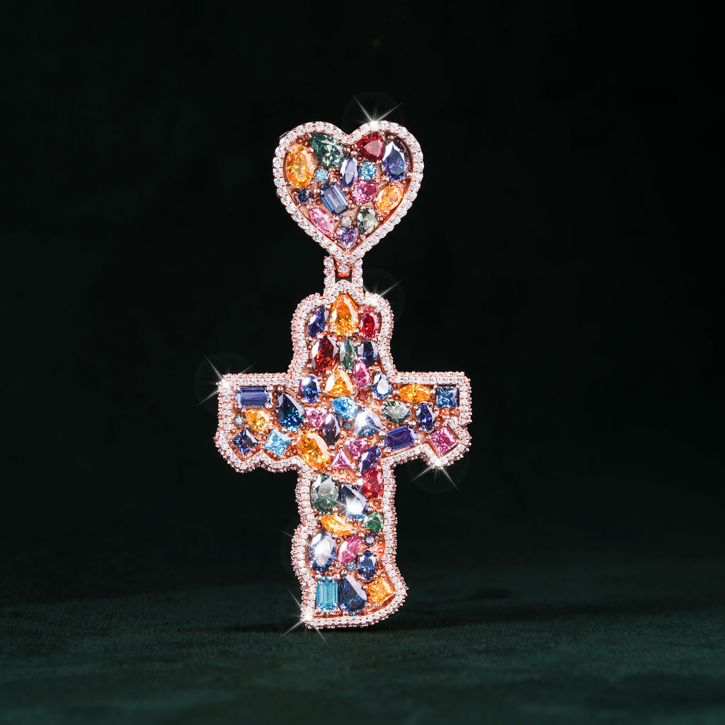 Moissanite Rainbow Halo Heart Cross Pendant