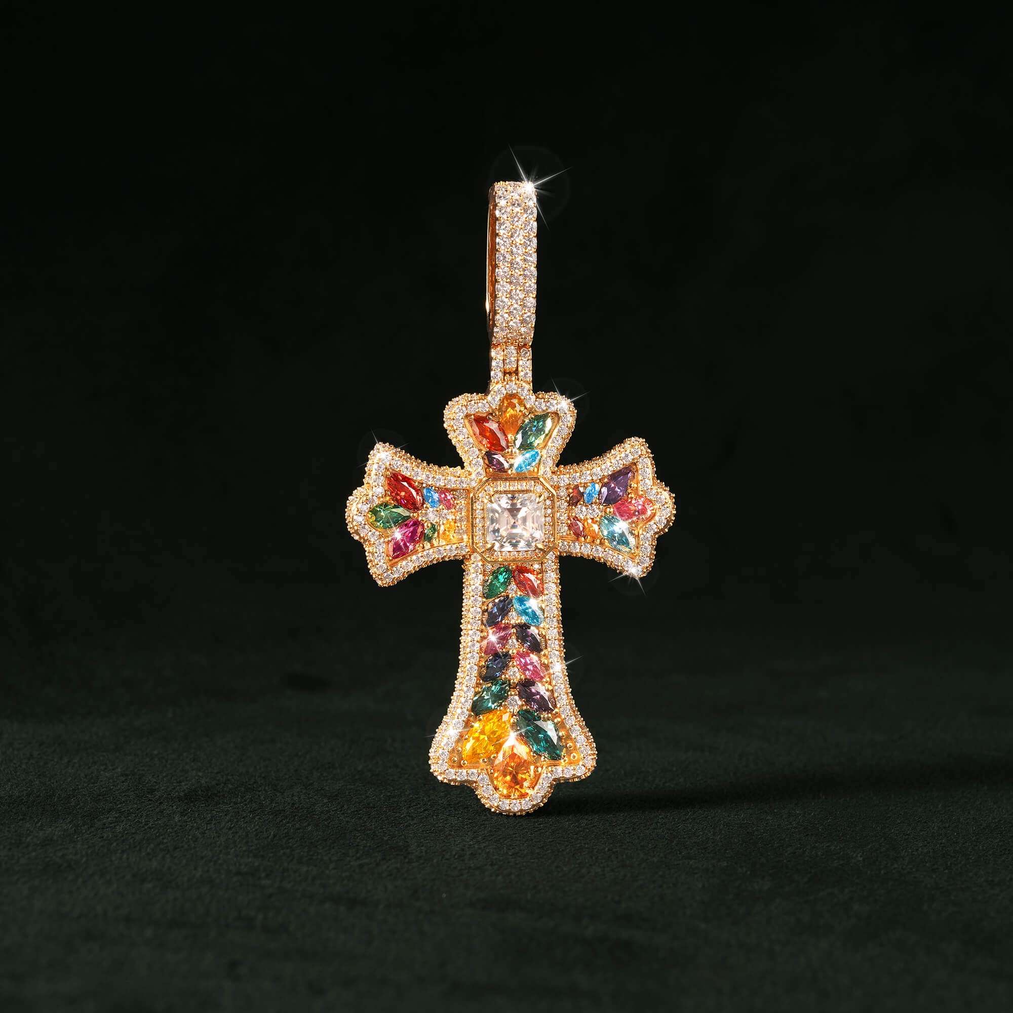 Moissanite Rainbow Halo Floral Cross Pendant – alternate product view 8