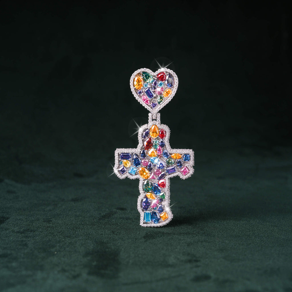 Moissanite Rainbow Halo Heart Cross Pendant