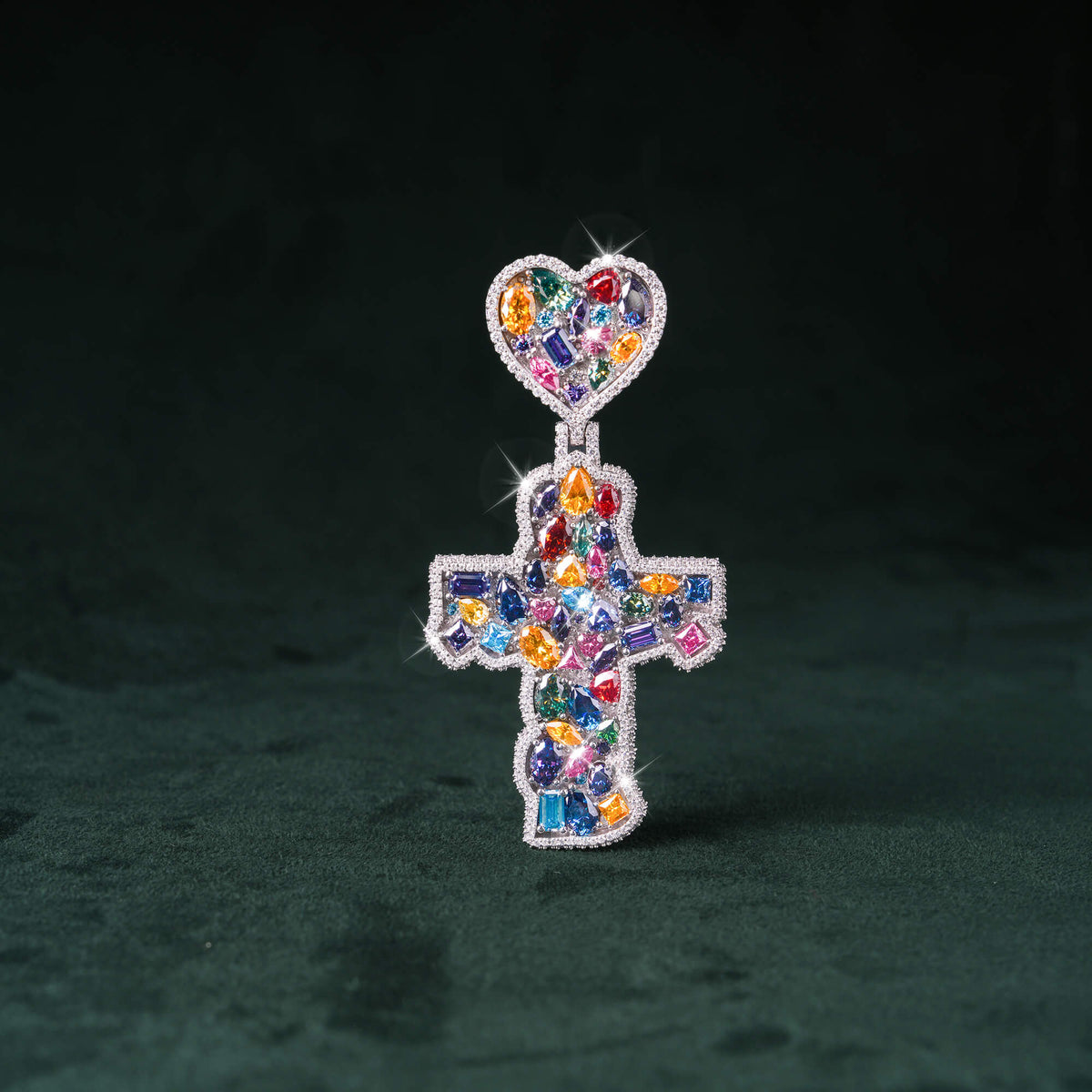Moissanite Rainbow Halo Heart Cross Pendant – alternate product view 3