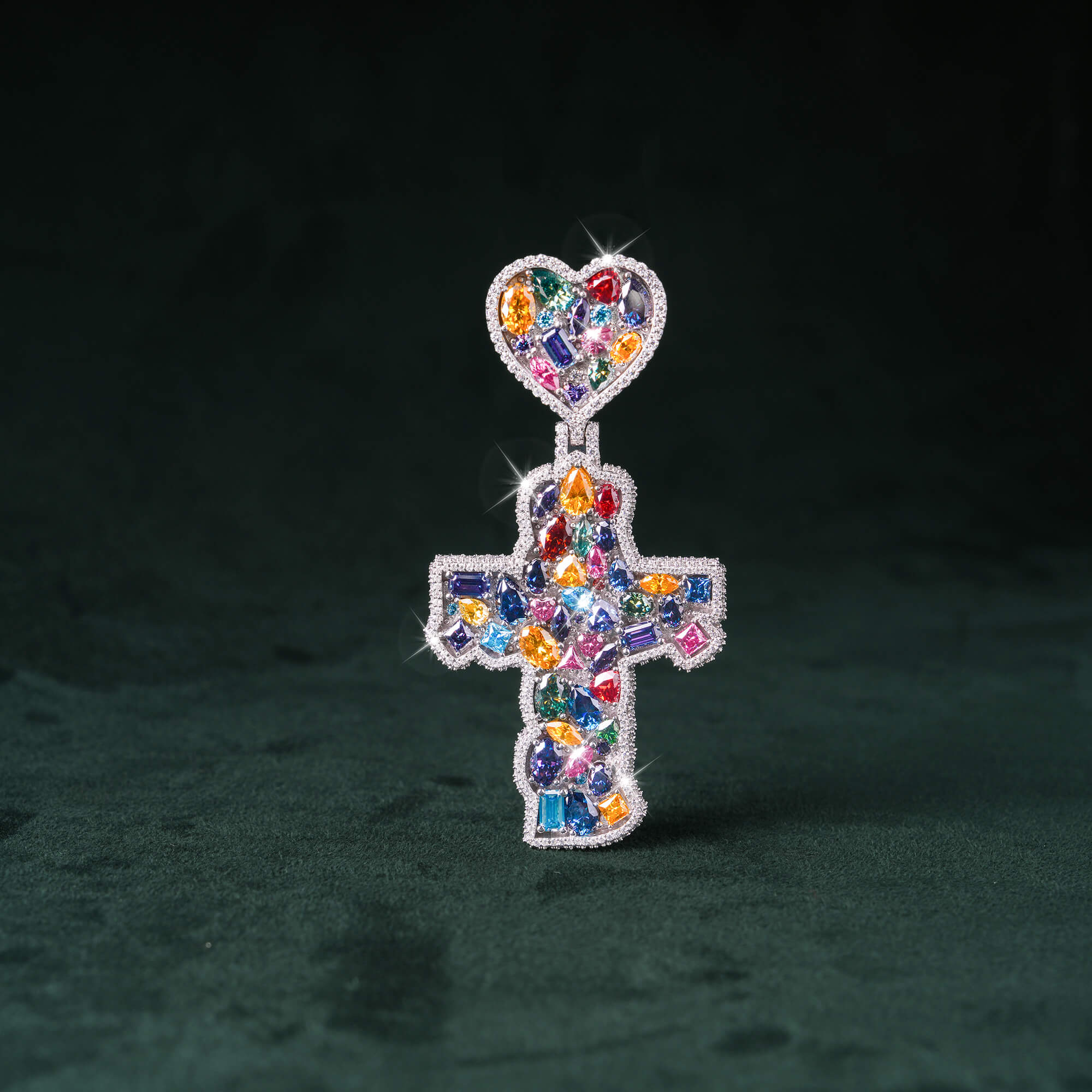Moissanite Rainbow Halo Heart Cross Pendant