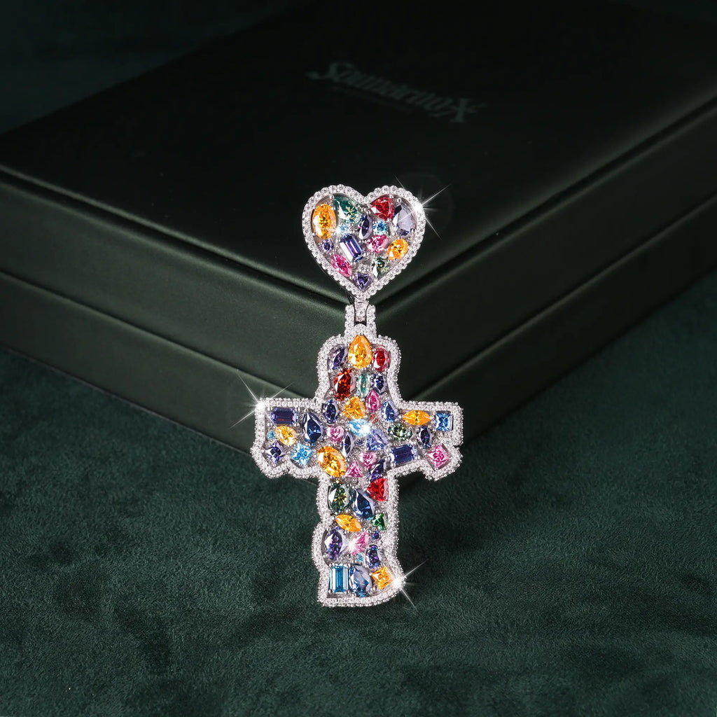 Moissanite Rainbow Halo Heart Cross Pendant