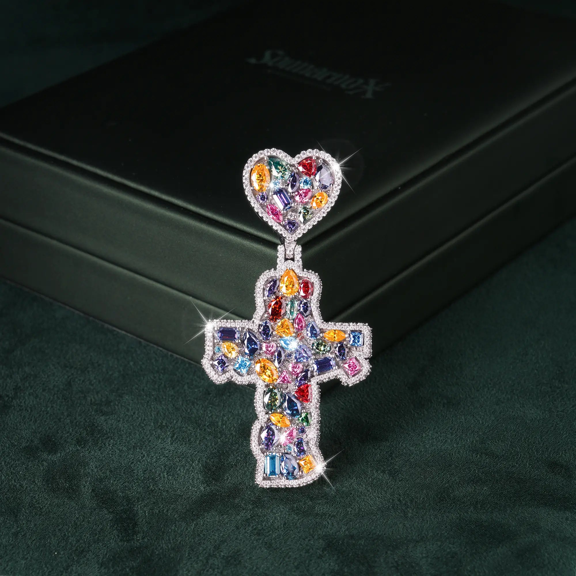 Moissanite Rainbow Halo Heart Cross Pendant
