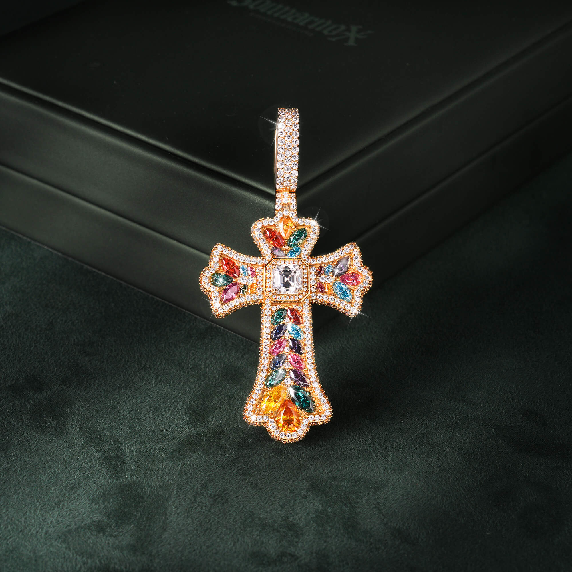 Moissanite Rainbow Halo Floral Cross Pendant by Sommarnox