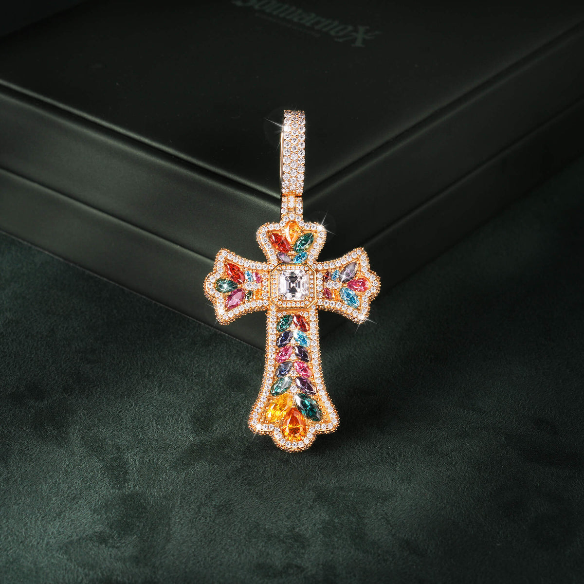 Moissanite Rainbow Halo Floral Cross Pendant by Sommarnox