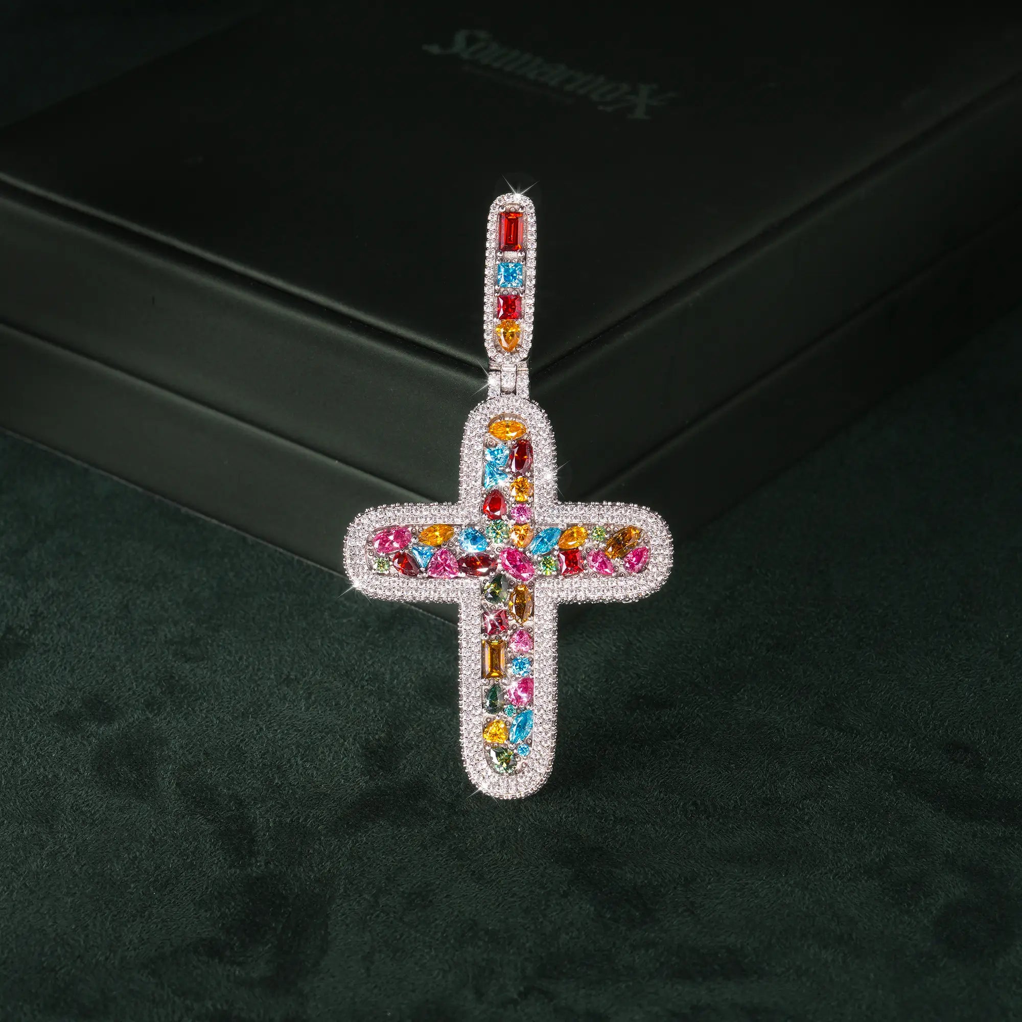 Moissanite Rainbow Halo Cross Pendant