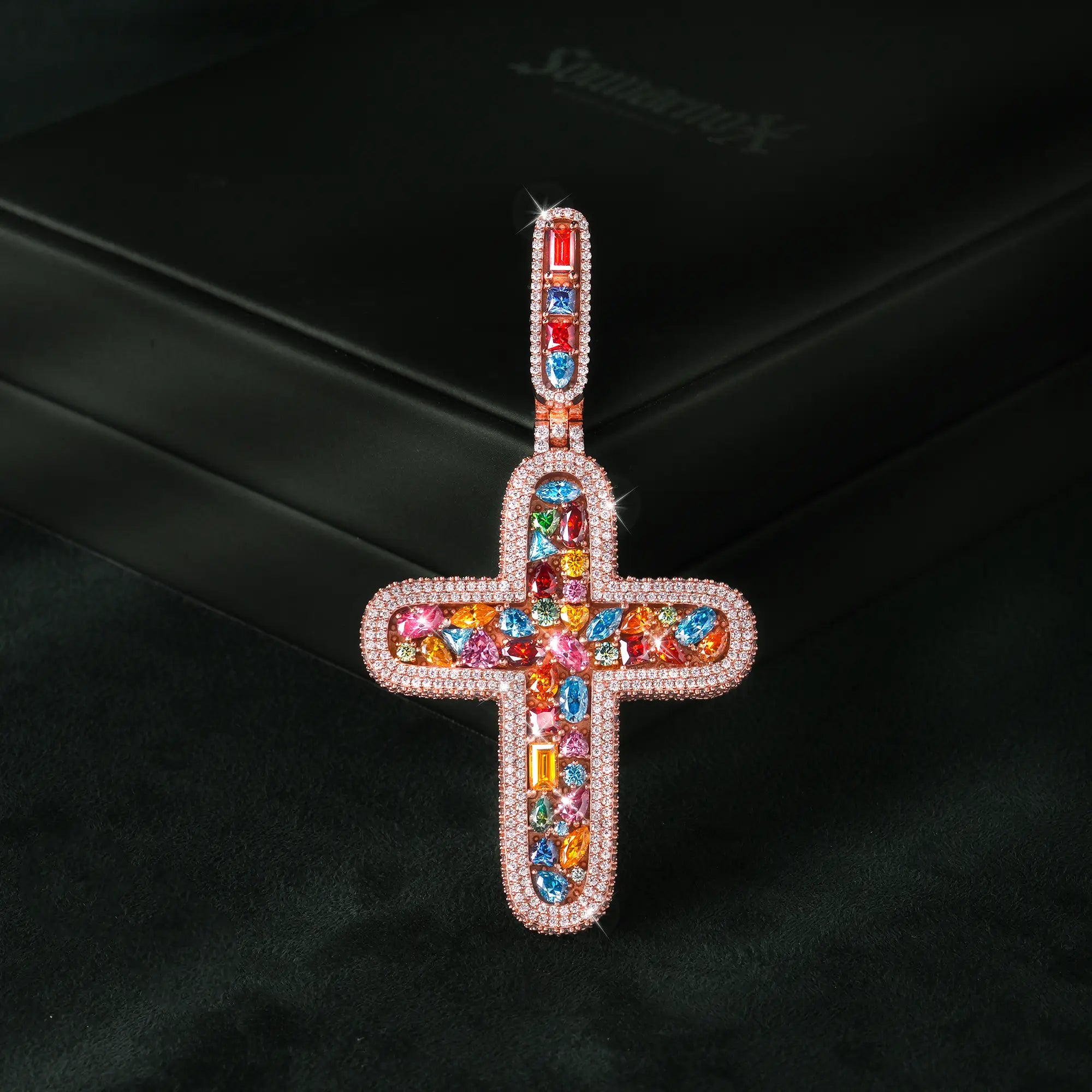 Moissanite Rainbow Halo Cross Pendant by Sommarnox