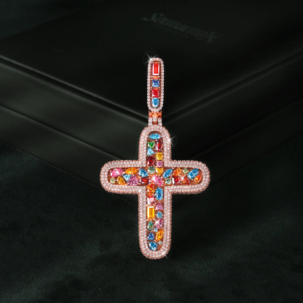 Moissanite Rainbow Halo Cross Pendant