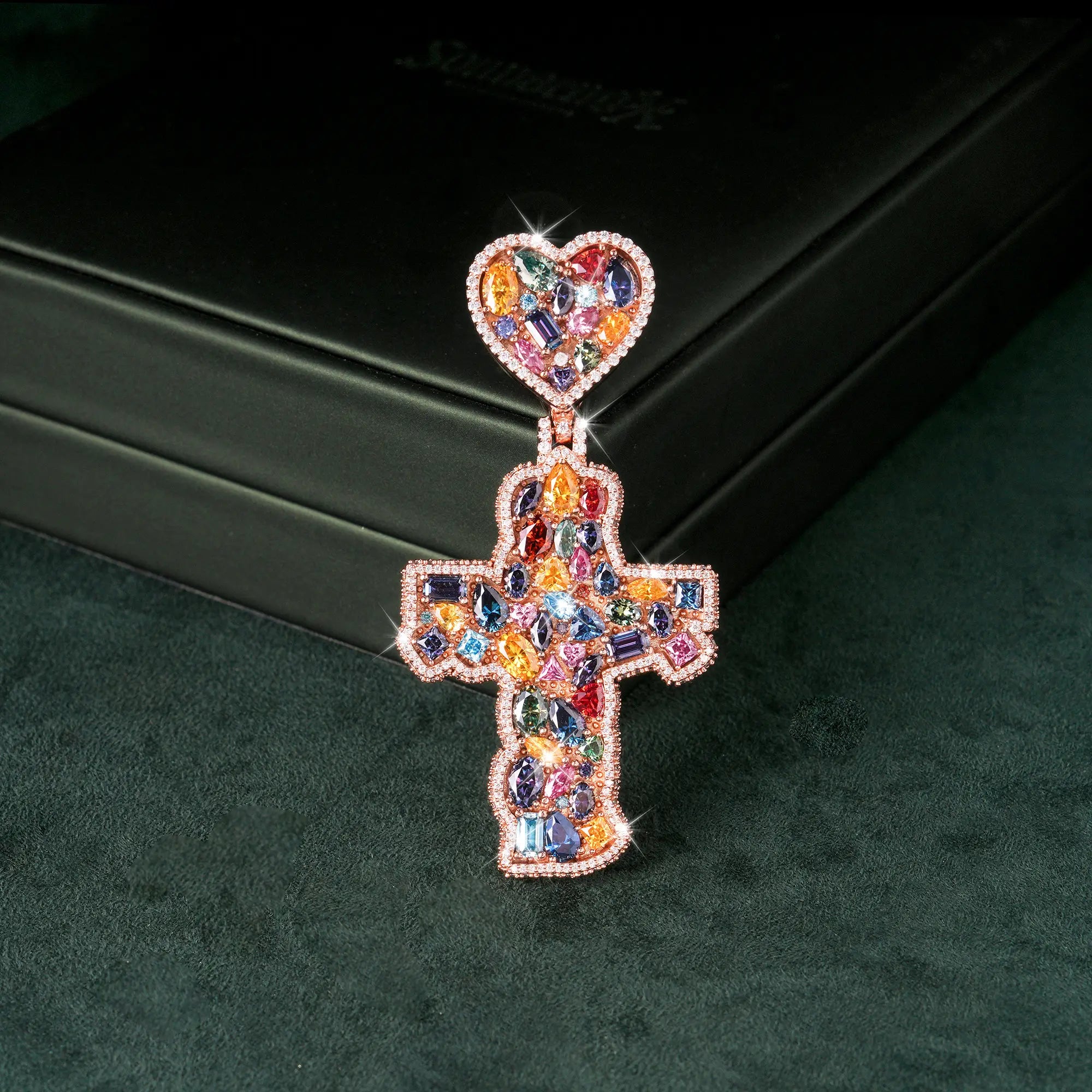 Moissanite Rainbow Halo Heart Cross Pendant